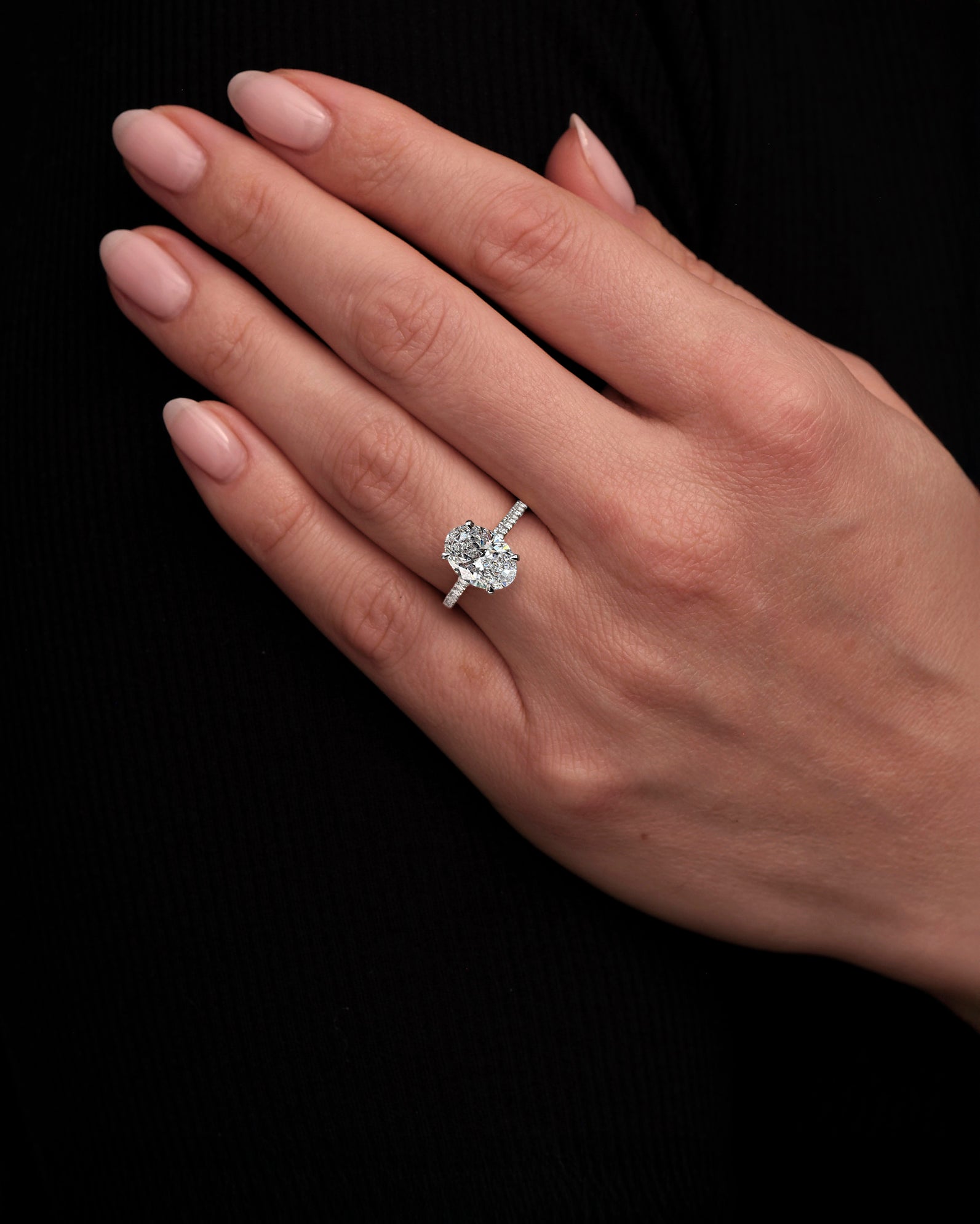3.50ct Oval Cathedral Setting Lab Grown Diamond Engagement Ring on hand
