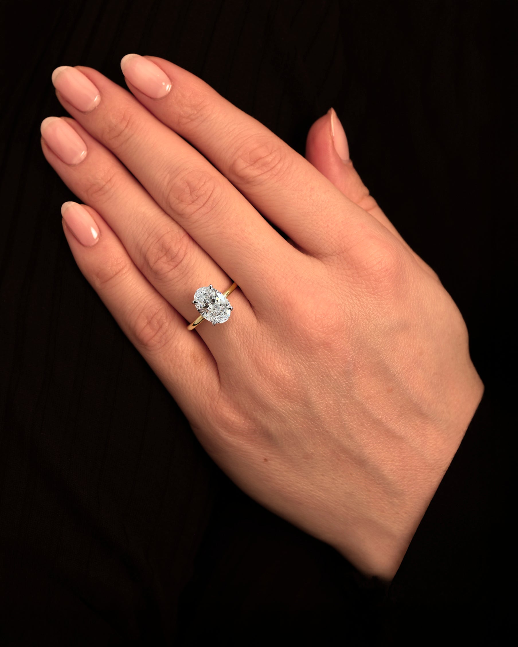 lab grown 3.50ct oval diamond solltaire two tone floating engagement ring on hand