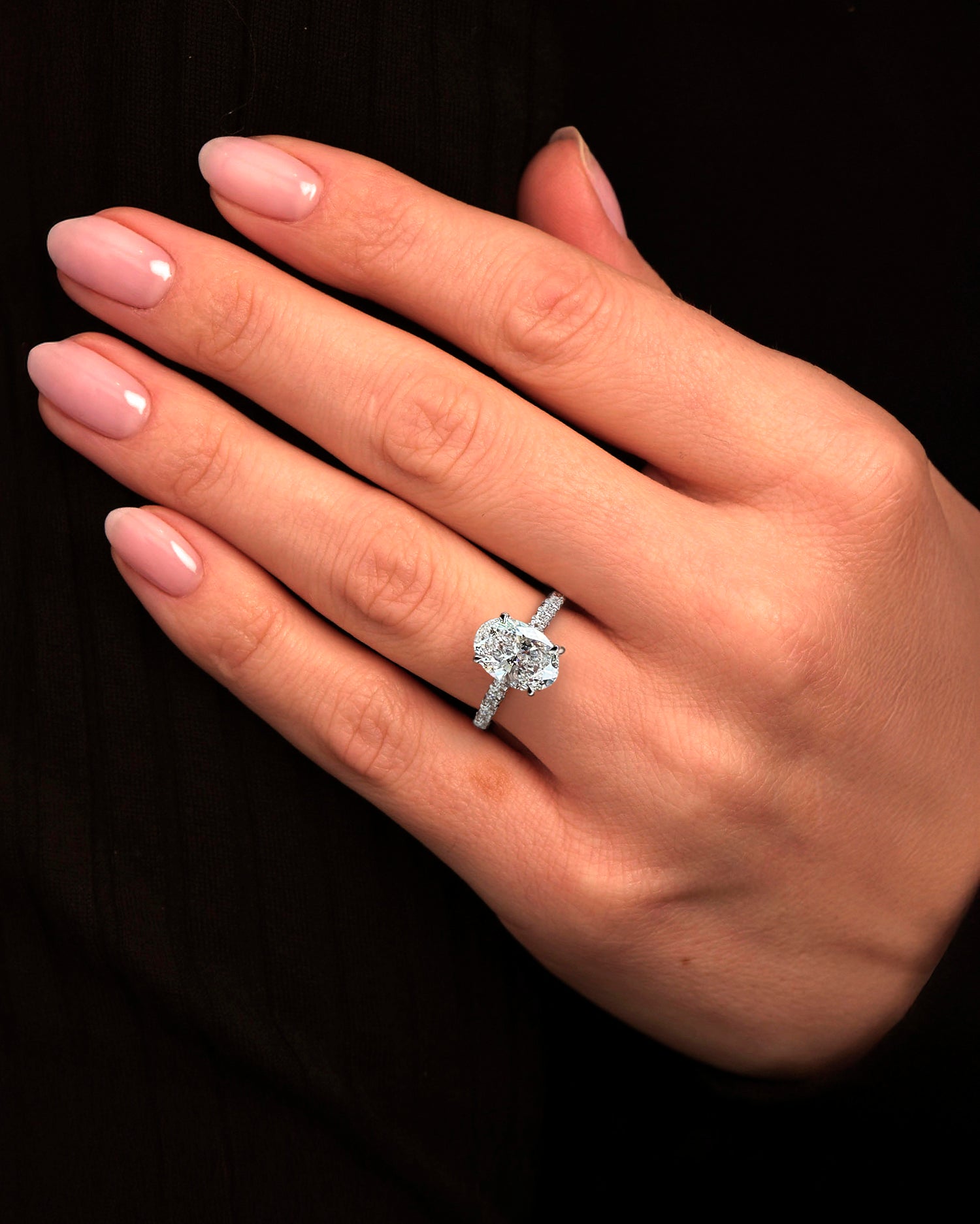 3.50ct oval lab diamond cut u prong cathedral engagement ring on hand