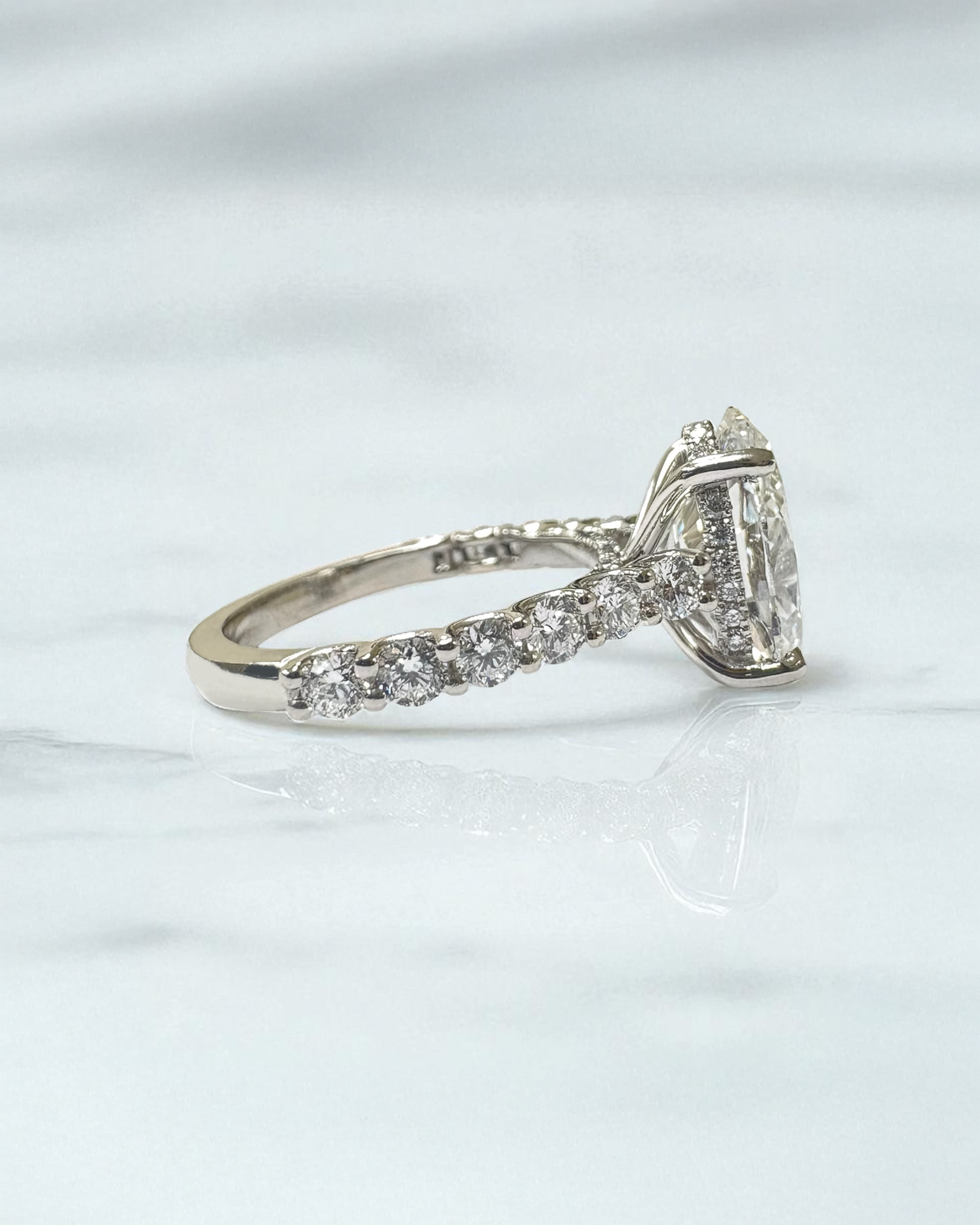 3.50ct oval lab diamond cut u prong cathedral engagement ring on hand