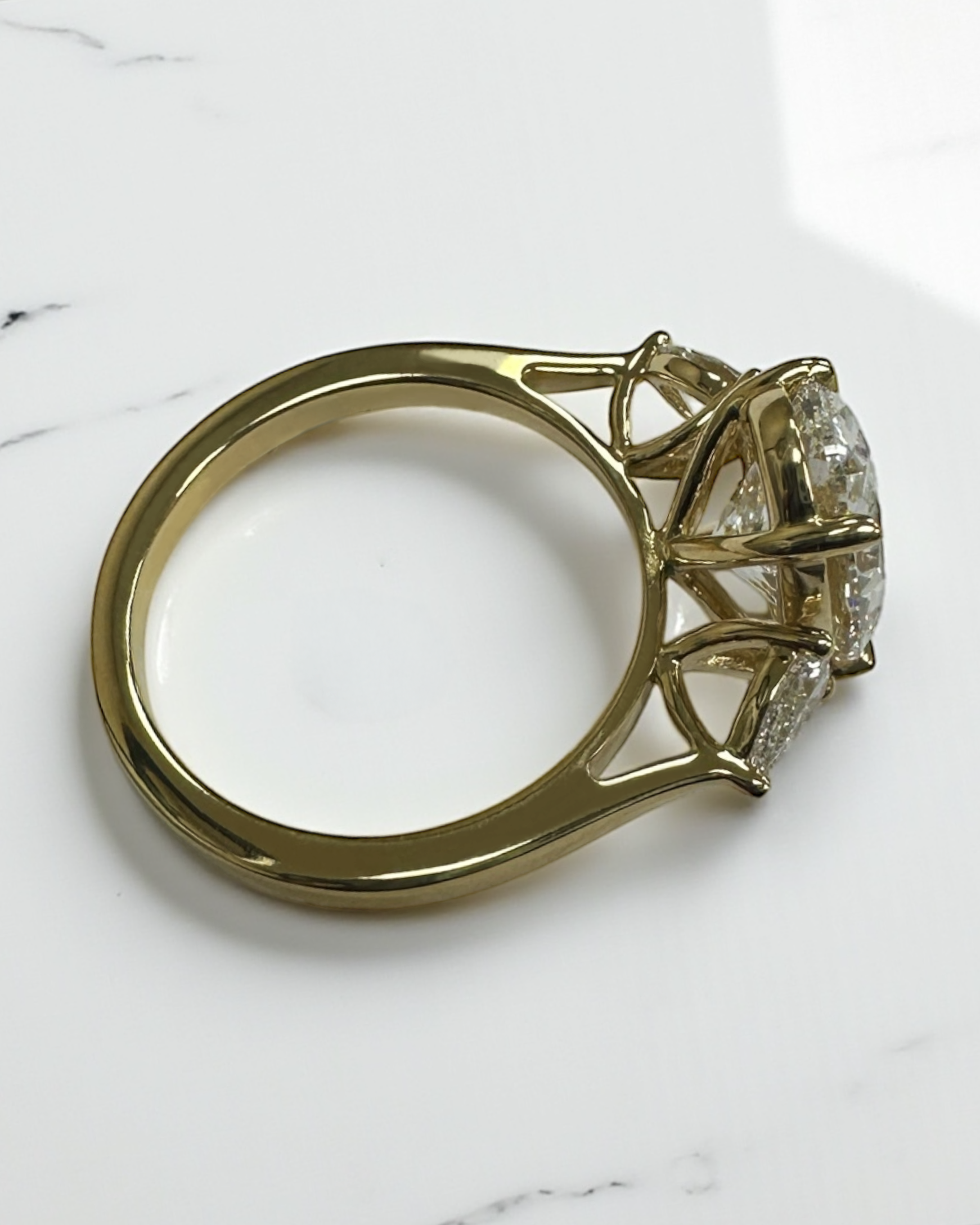 3.50ct Oval Cut Lab grown diamonds with Pear cut diamond trilogy engagement ring 18kt yellow gold 