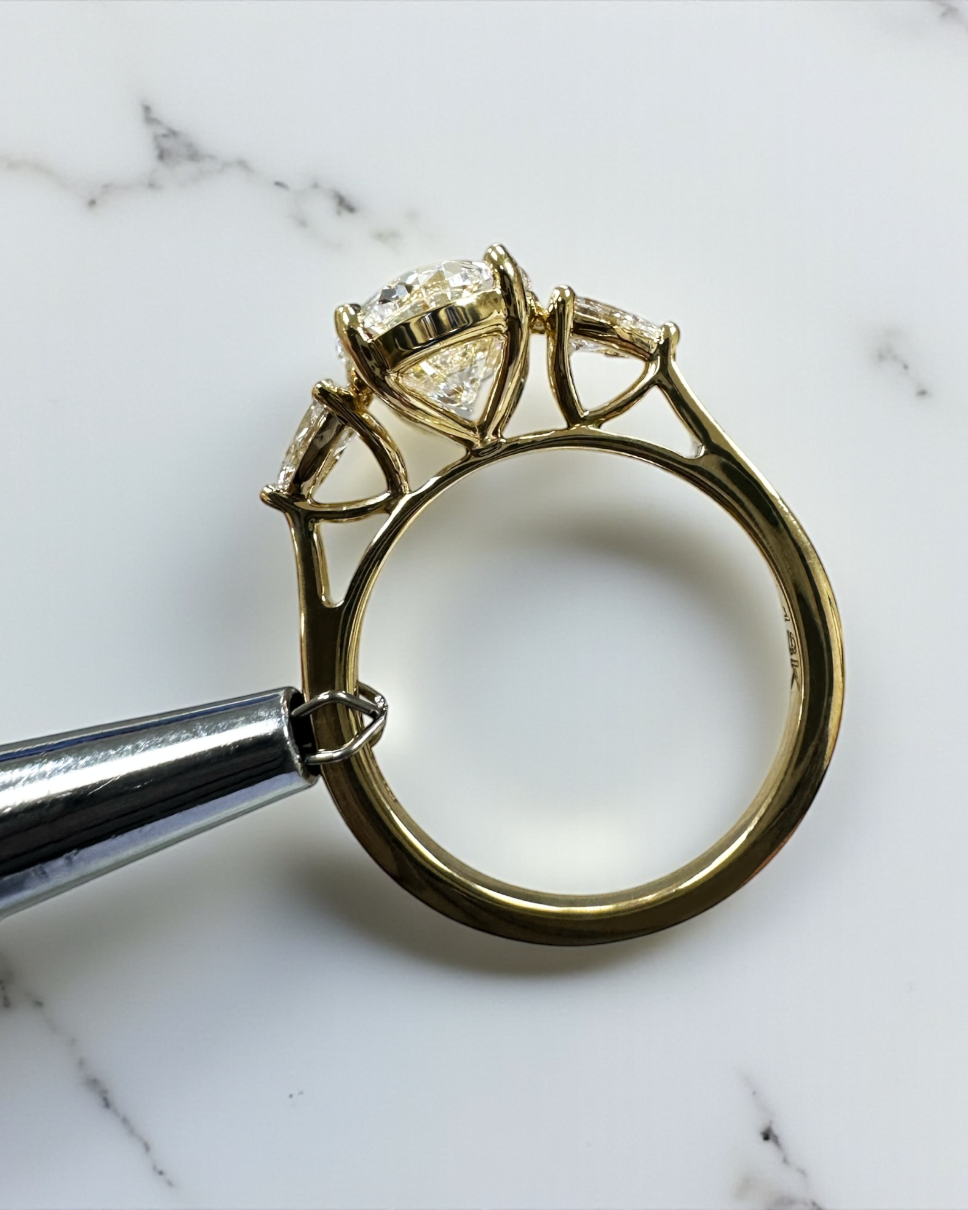 3.50ct Oval Cut Lab grown diamonds with Pear cut diamond trilogy engagement ring 18kt yellow gold 