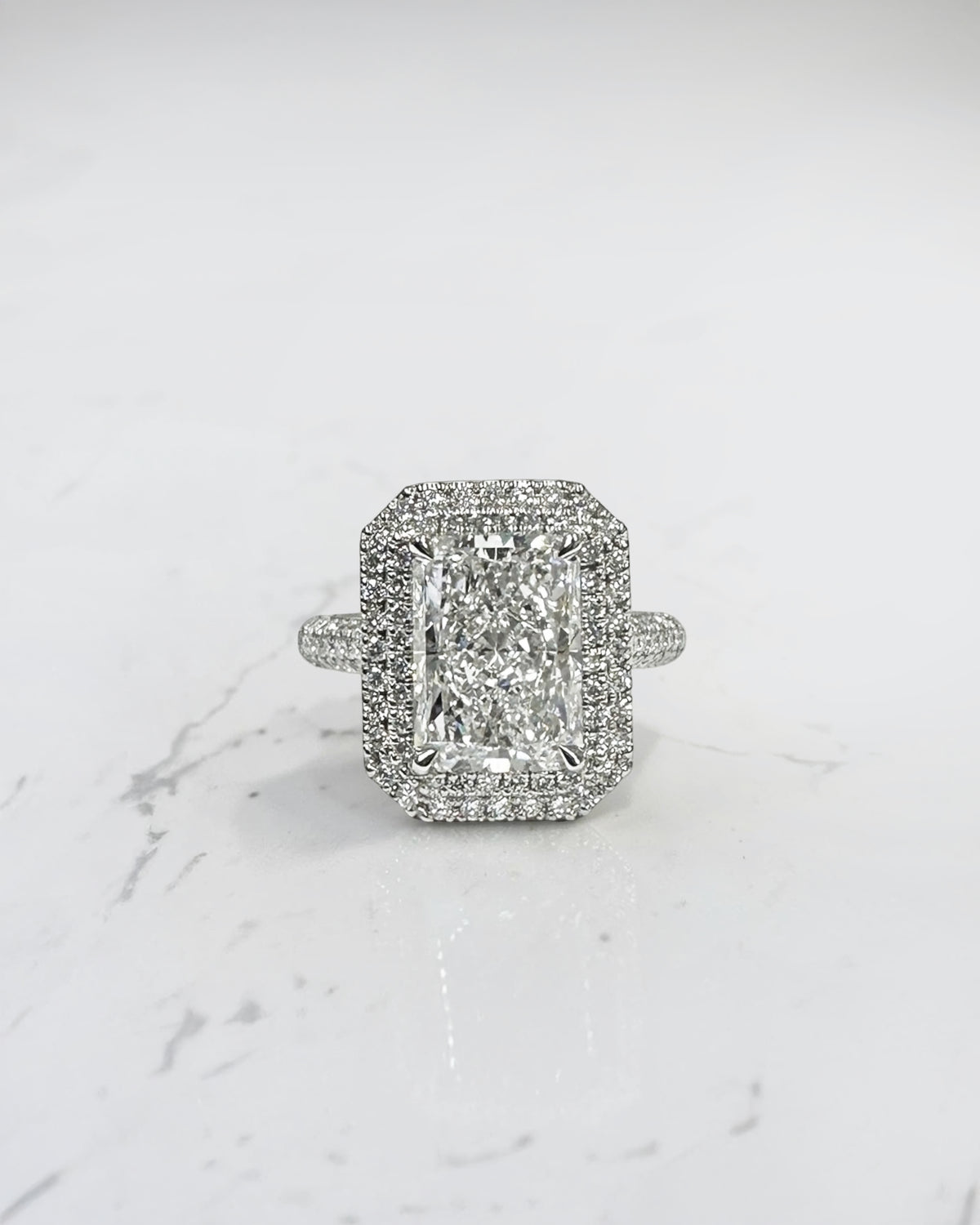3.50ct radiant cut lab grown diamond double halo engagement ring with three row diamond band platinum, made in London