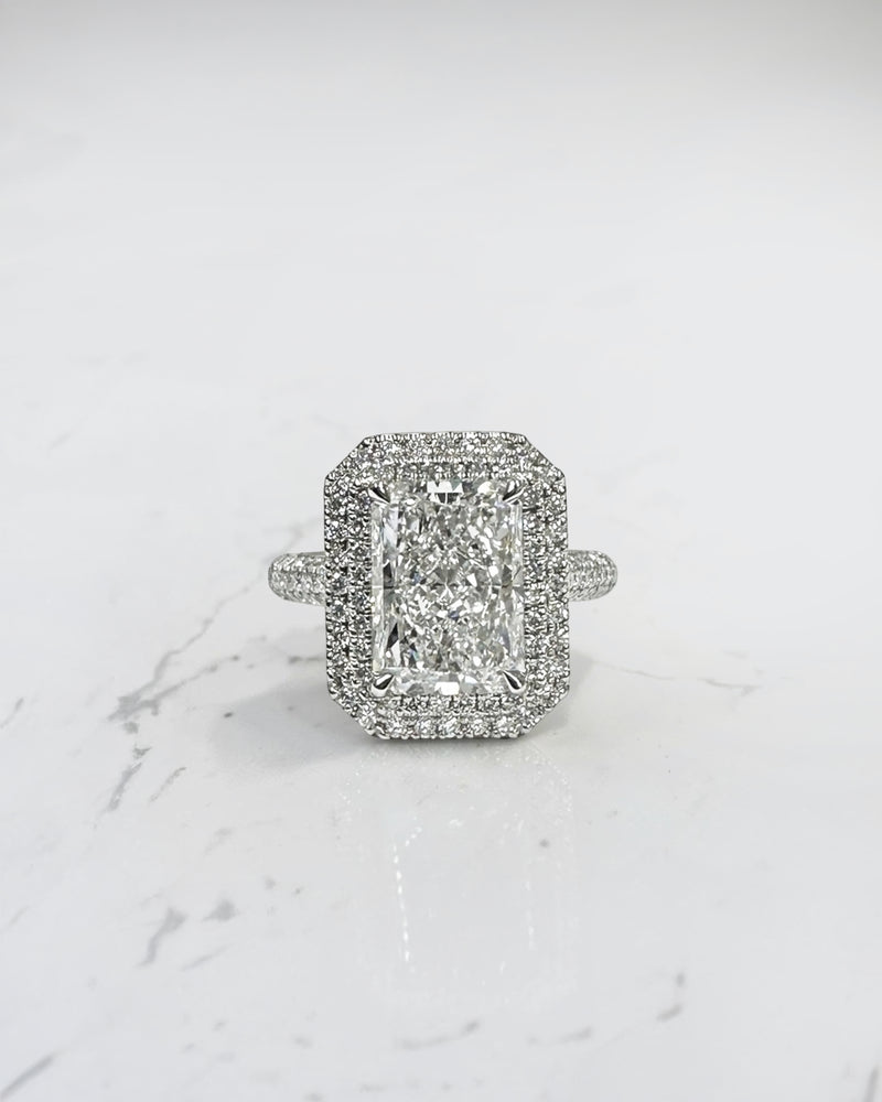 3.50ct radiant cut lab grown diamond double halo engagement ring with three row diamond band platinum, made in London