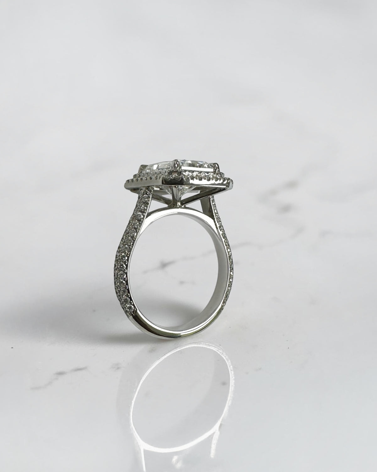 3.50ct radiant cut lab grown diamond double halo engagement ring with three row diamond band platinum, made in London