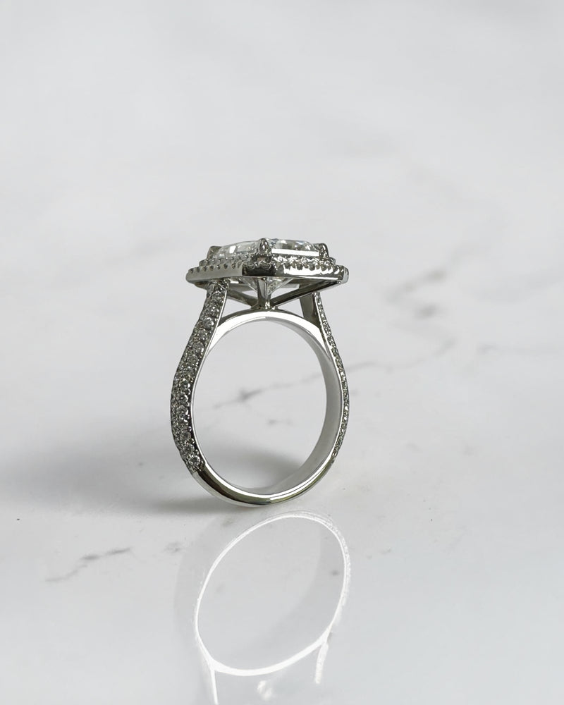 3.50ct radiant cut lab grown diamond double halo engagement ring with three row diamond band platinum, made in London