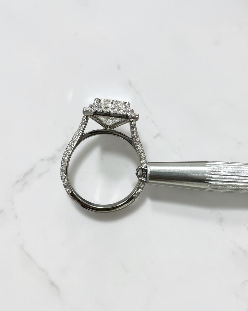 3.50ct radiant cut lab grown diamond double halo engagement ring with three row diamond band platinum, made in London