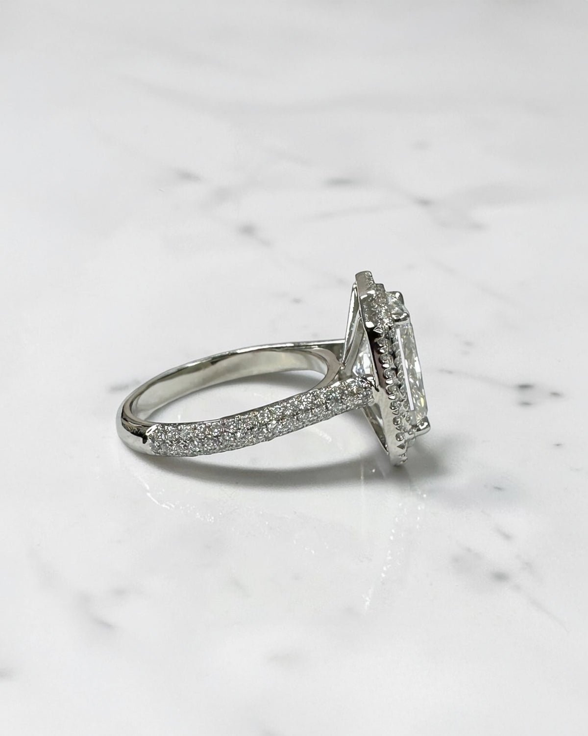 3.50ct radiant cut lab grown diamond double halo engagement ring with three row diamond band platinum, made in London