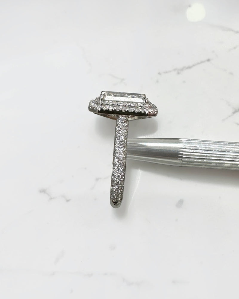 3.50ct radiant cut lab grown diamond double halo engagement ring with three row diamond band platinum, made in London