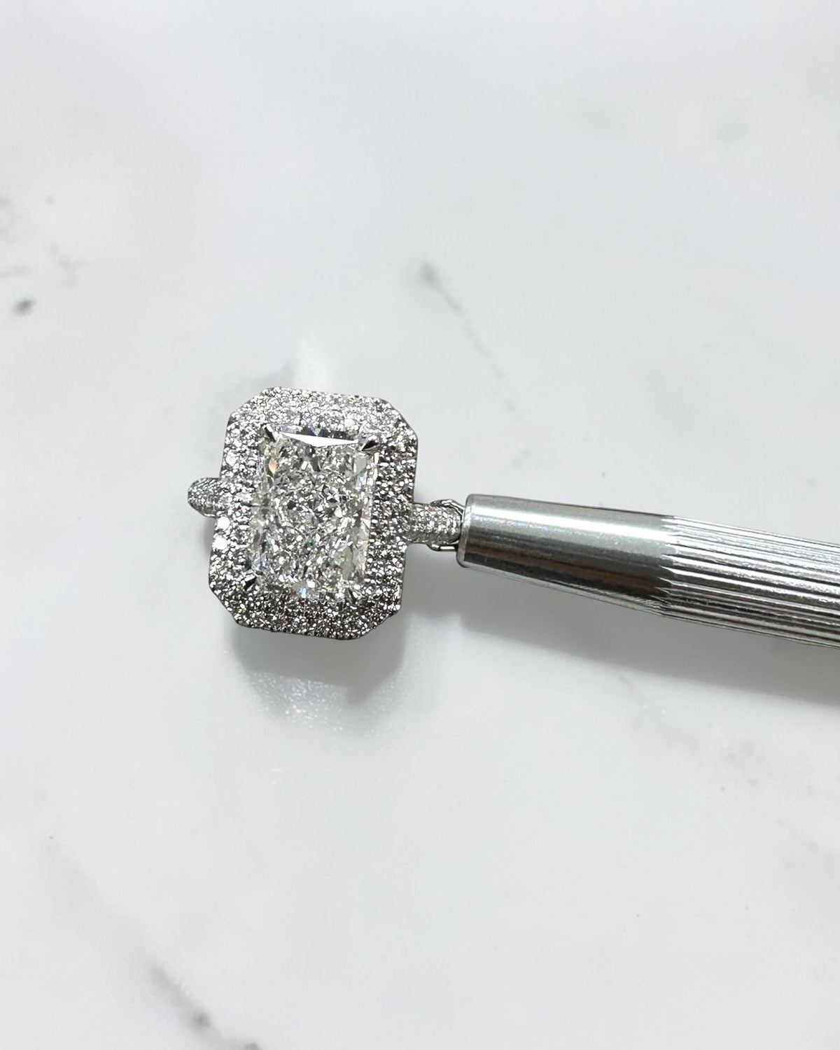 3.50ct radiant cut lab grown diamond double halo engagement ring with three row diamond band platinum, made in London