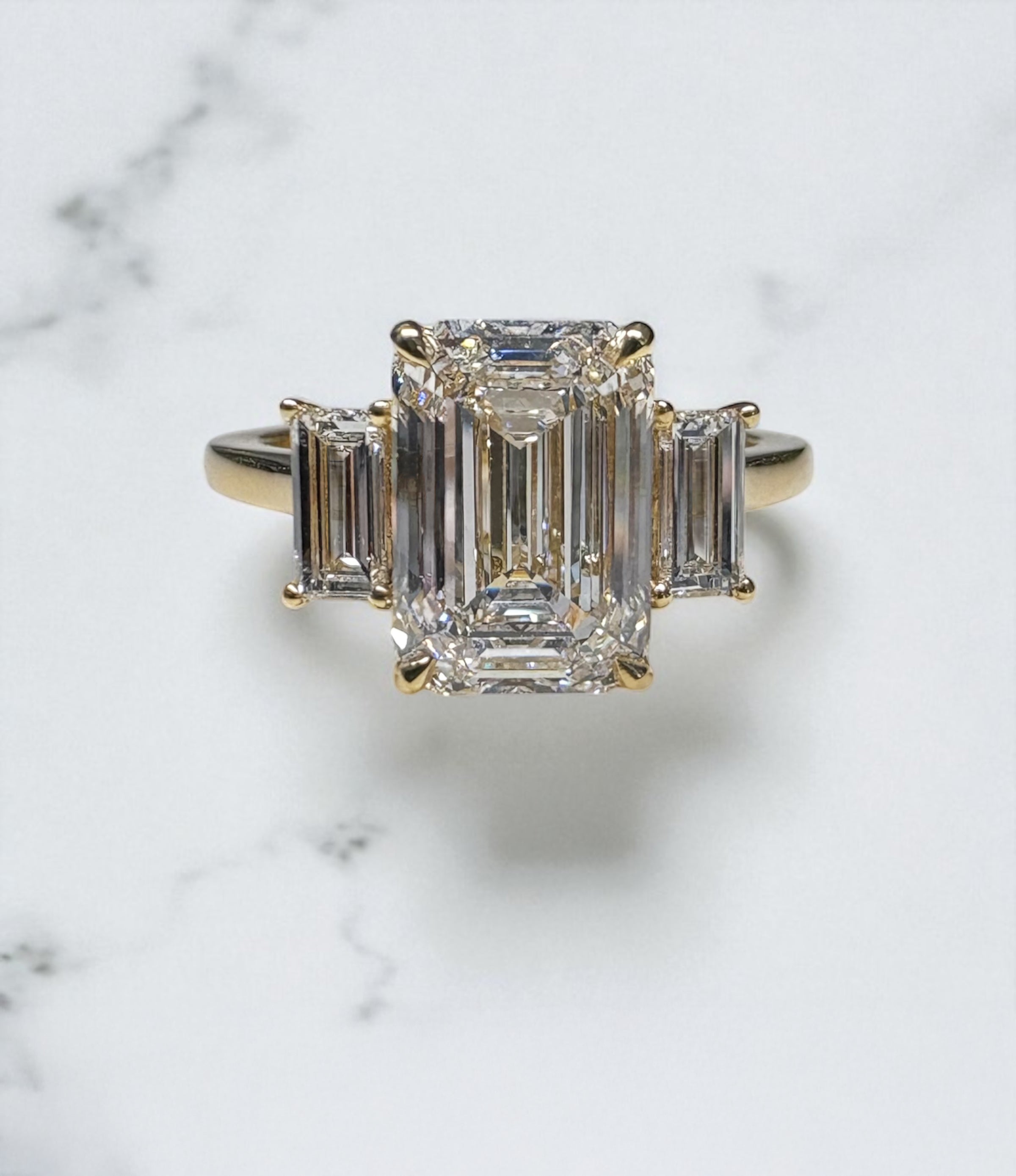 3ct Lab Grown Emerald Cut Baguette Side Trilogy Diamond Engagement Ring