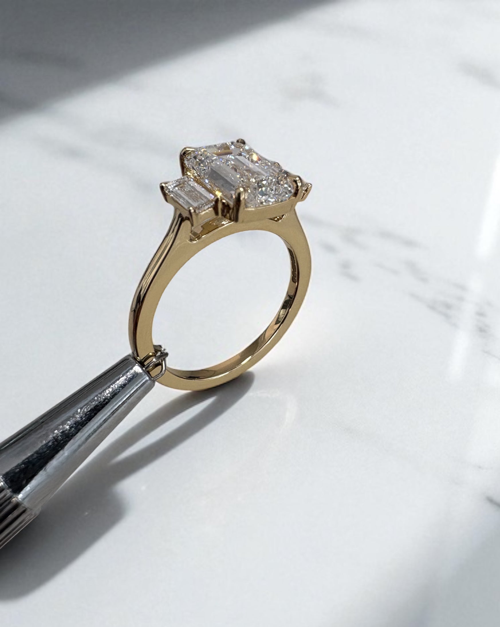 3ct Lab Grown Emerald Cut Baguette Side Trilogy Diamond Engagement Ring