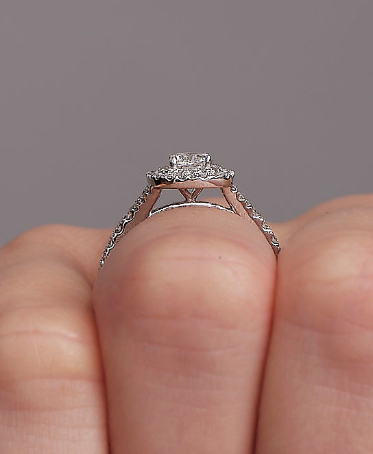 0.50ct Cushion Split Shoulder Halo Lab Grown Diamond Engagement Rings.