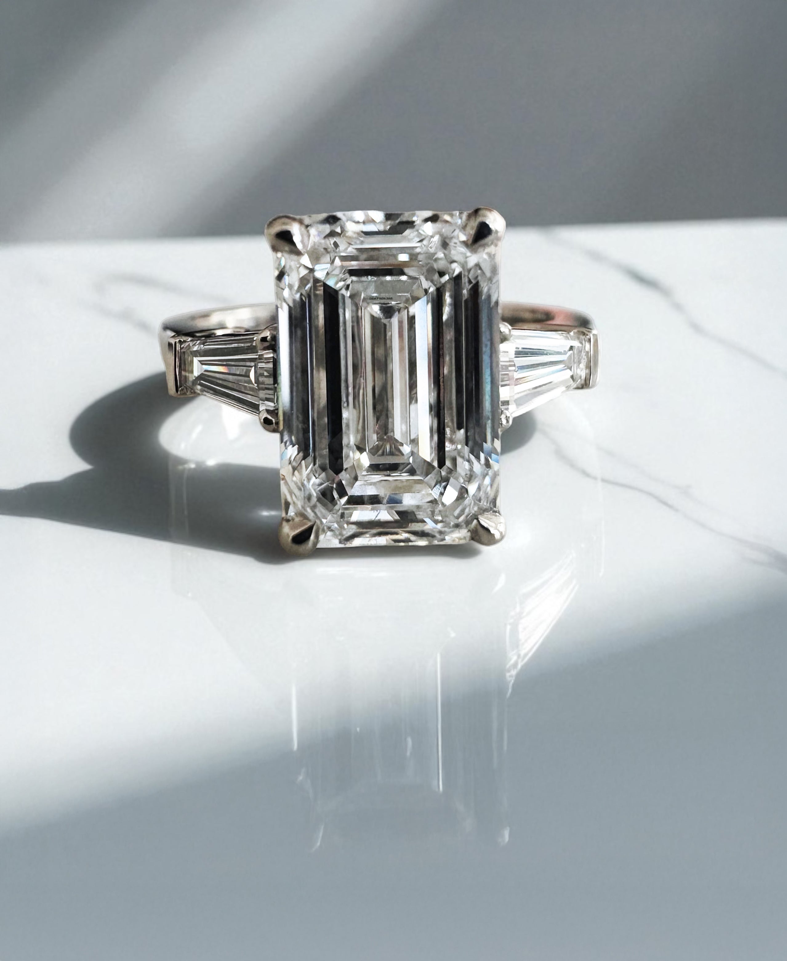 Lab grown diamond 3ct Emerald Cut & Tapered Baguettes Trilogy Engagement Ring
