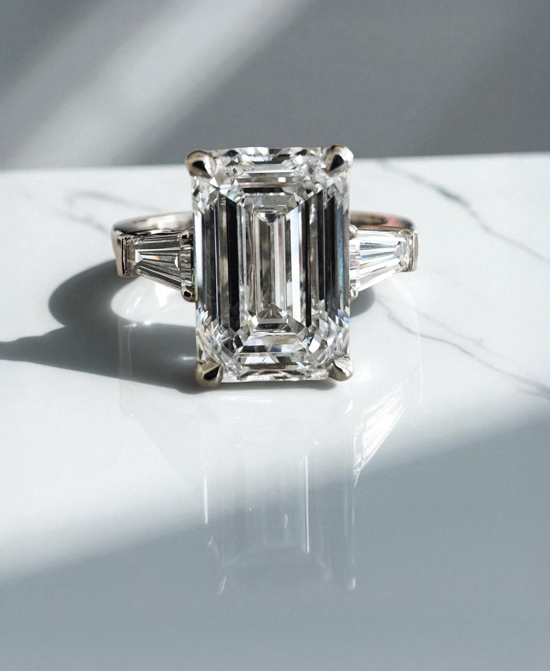3ct Emerald Cut & Tapered Baguettes Trilogy diamond engagement rings.