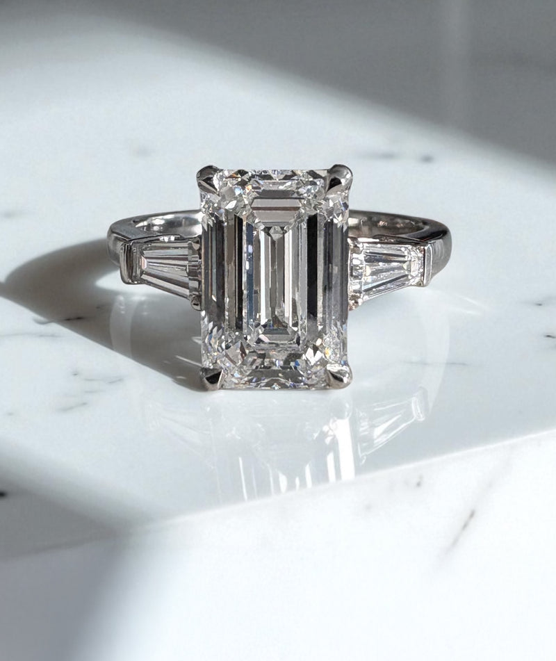 3ct Emerald Cut & Tapered Baguettes Trilogy diamond engagement rings.