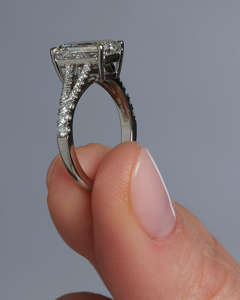 3ct Emerald Cut Split Shank lab grown diamond engagement rings