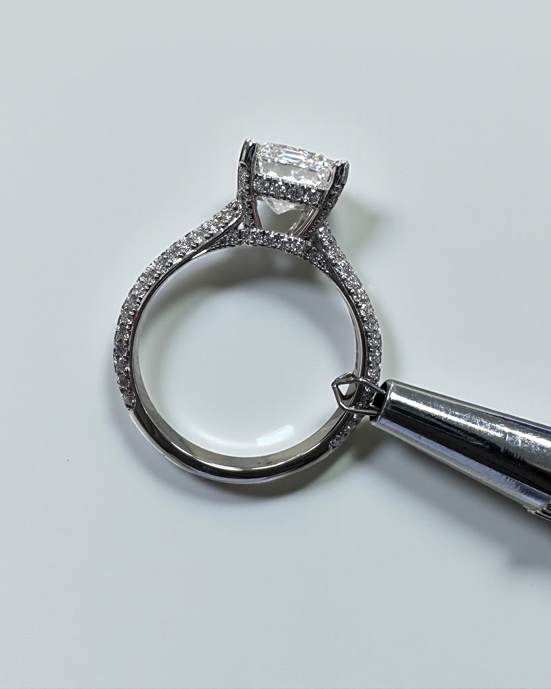 3ct Emerald Cut Lab grown diamond 3d band cathedral setting hidden halo engagement ring, made in London by Layla Diamonds, platinum or 18kt gold