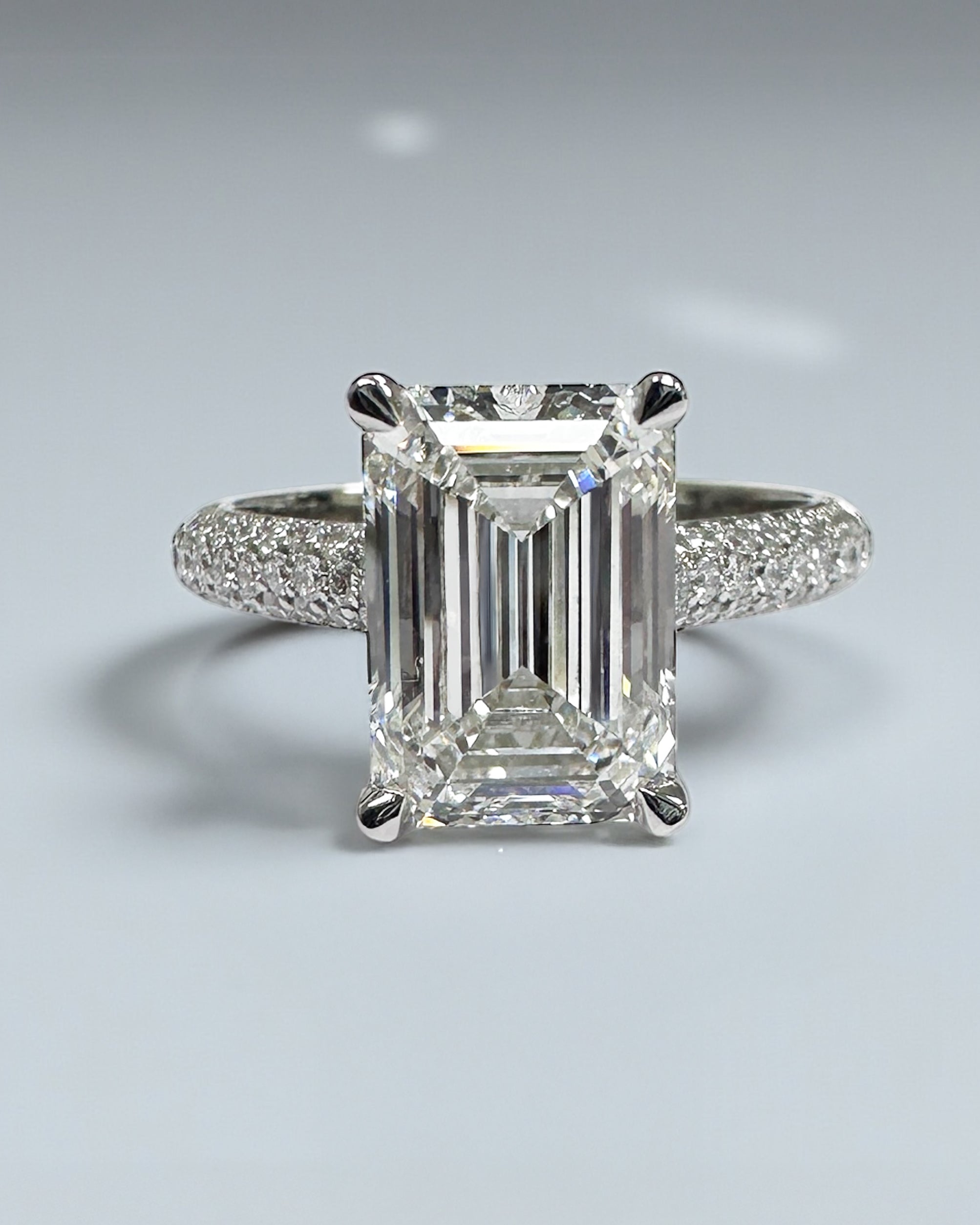 3ct Emerald Cut Lab grown diamond 3d band cathedral setting hidden halo engagement ring, made in London by Layla Diamonds, platinum or 18kt gold
