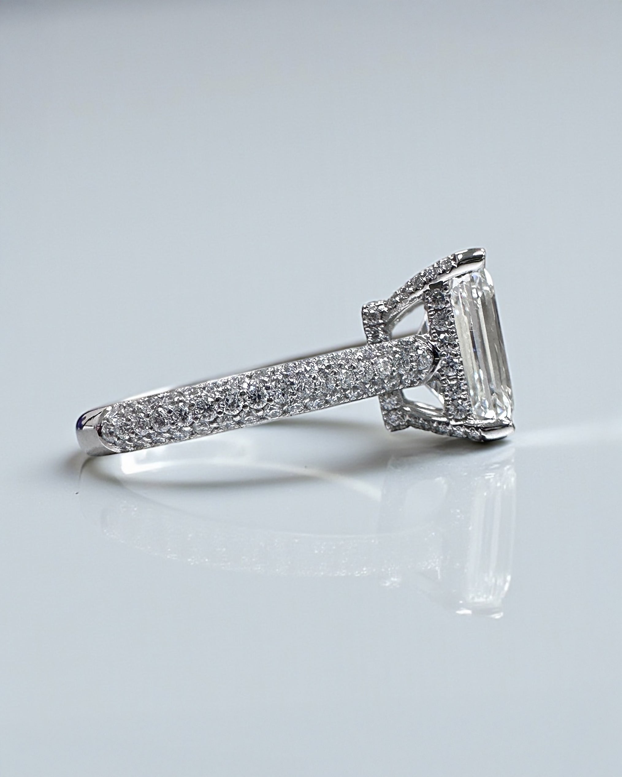 3ct Emerald Cut Lab grown diamond 3d band cathedral setting hidden halo engagement ring, made in London by Layla Diamonds, platinum or 18kt gold