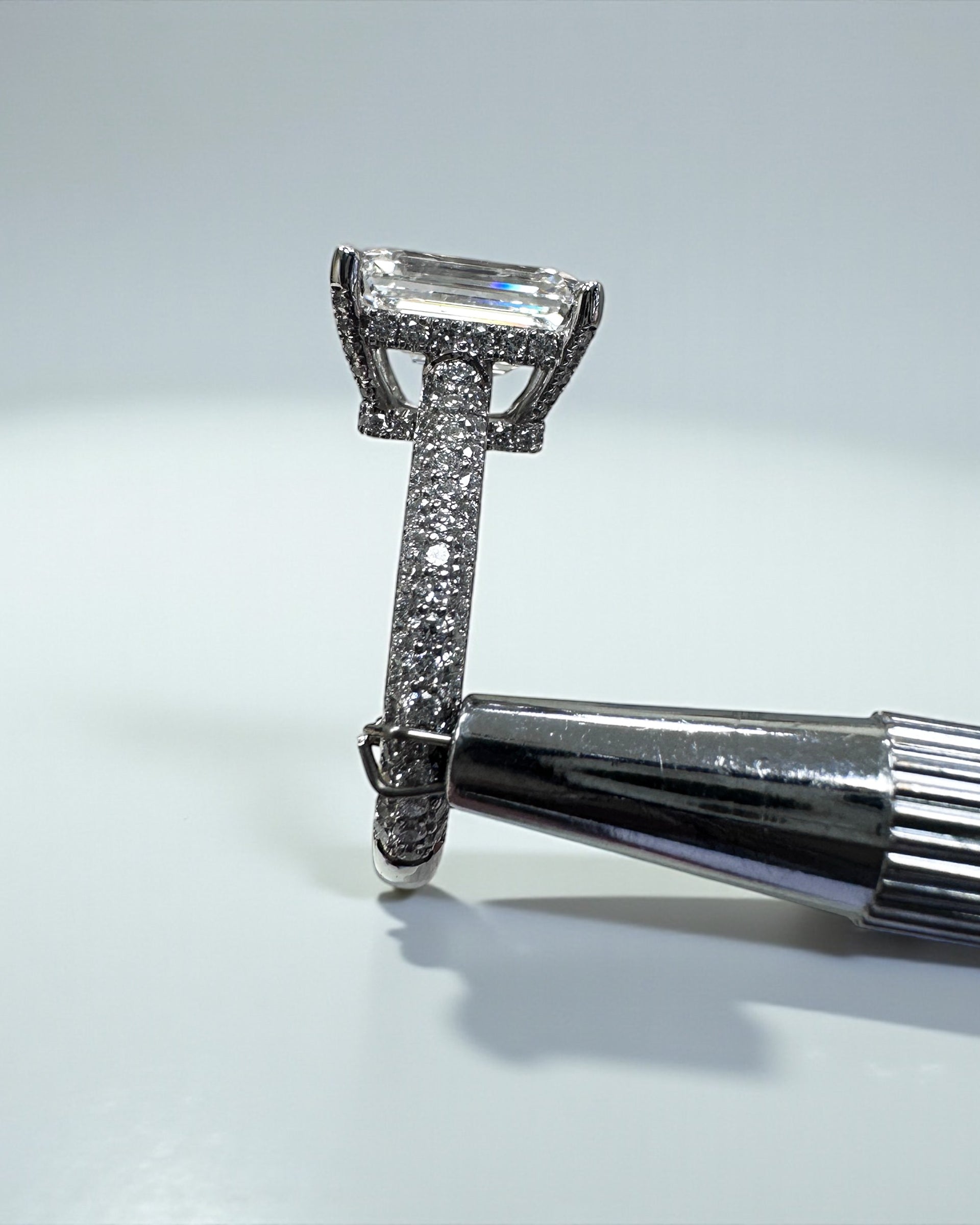 3ct Emerald Cut Lab grown diamond 3d band cathedral setting hidden halo engagement ring, made in London by Layla Diamonds, platinum or 18kt gold