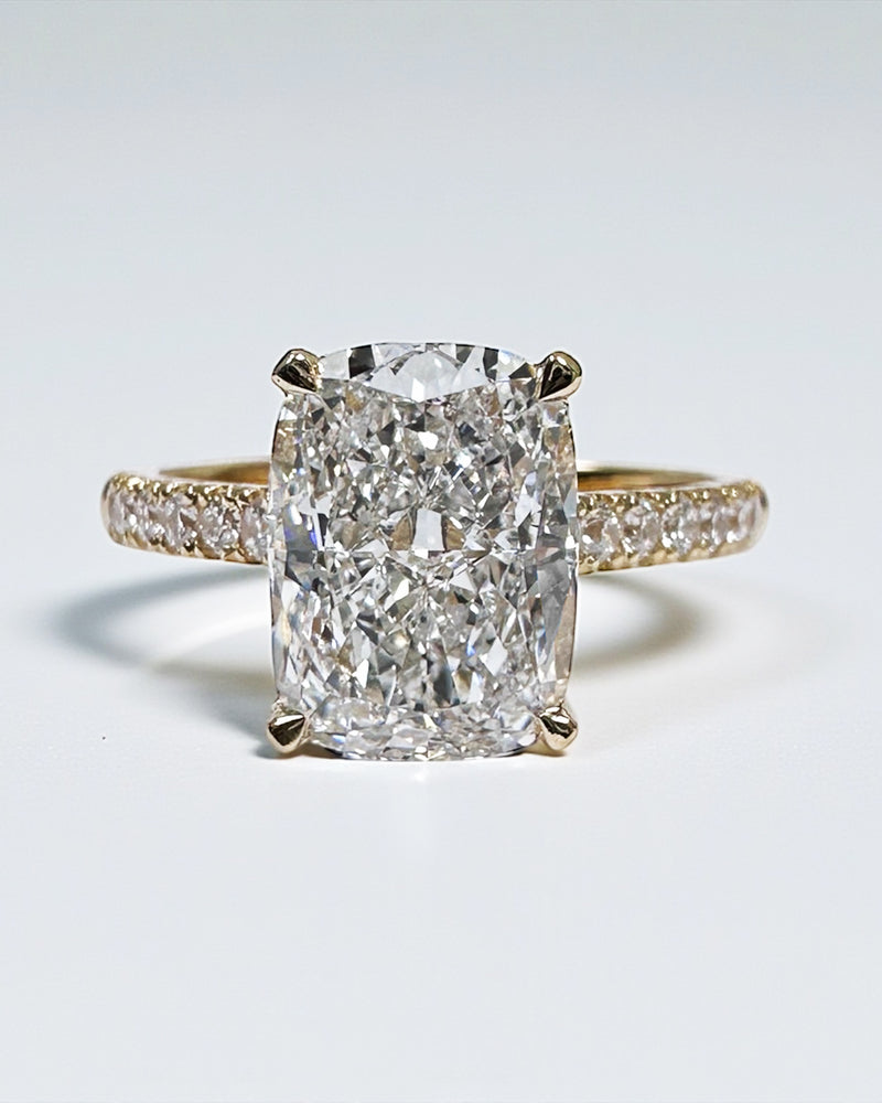 3ct elongated cushion cut lab grown diamond cathedral engagement ring hidden halo 
