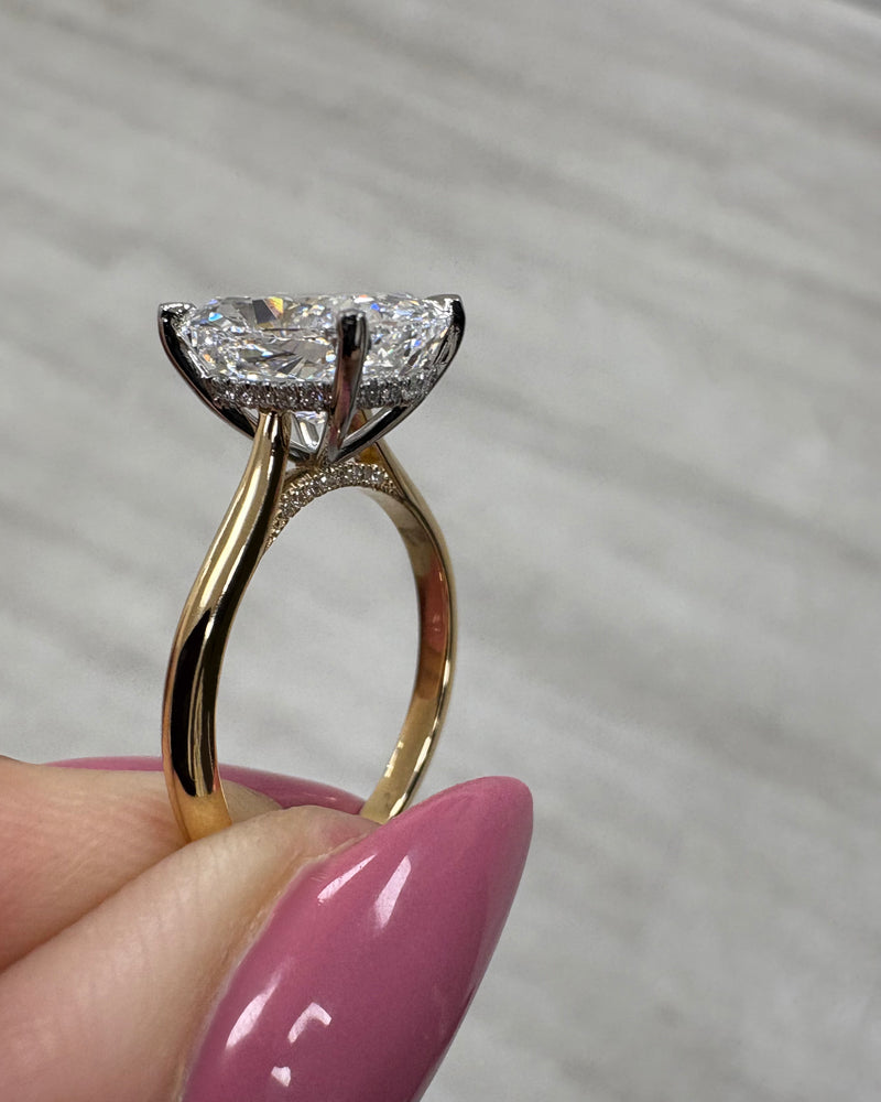 3ct Elongated Cushion Cathedral Solitaire Diamond Engagement Rings.
