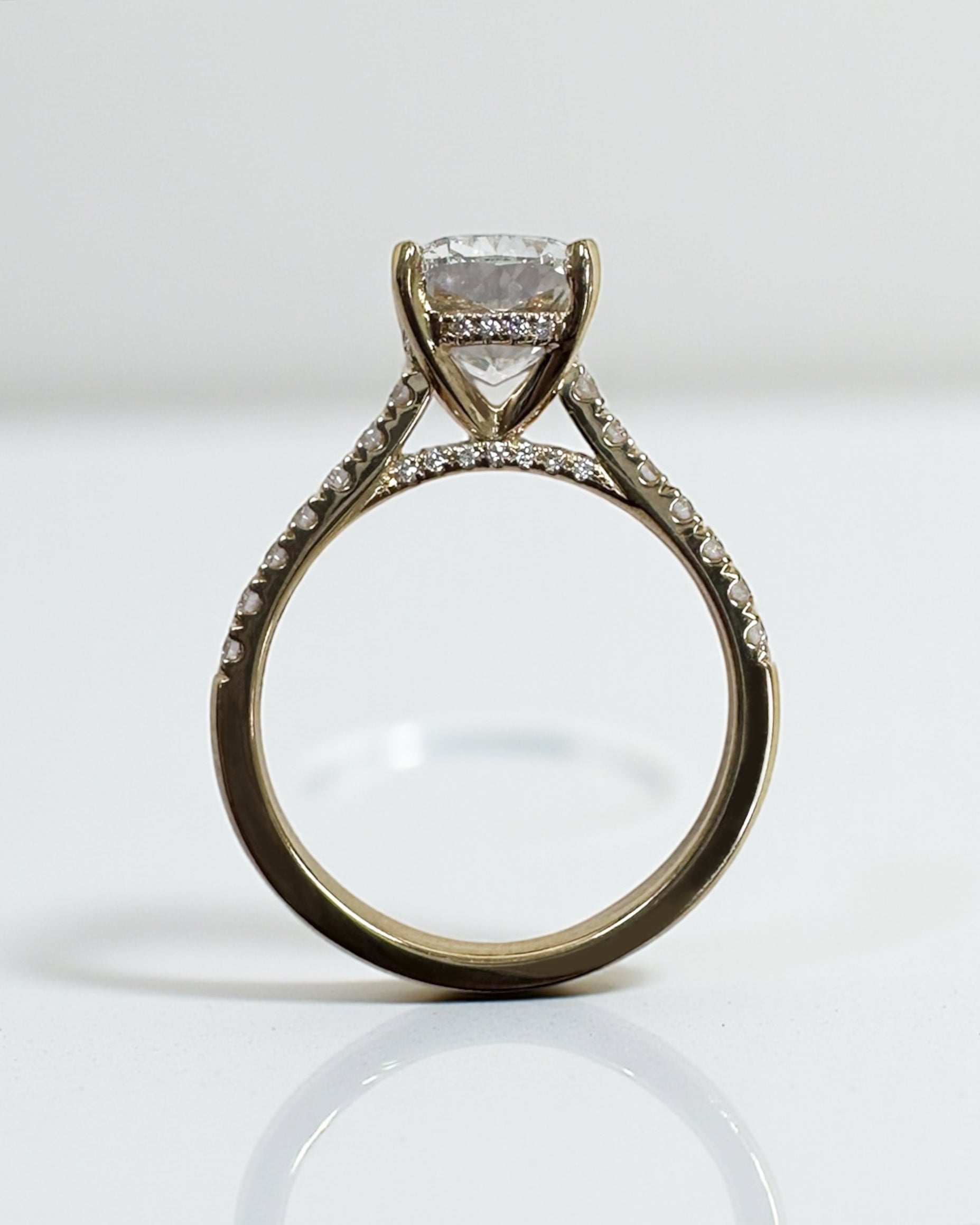 3ct elongated cushion cut lab grown diamond cathedral engagement ring hidden halo 