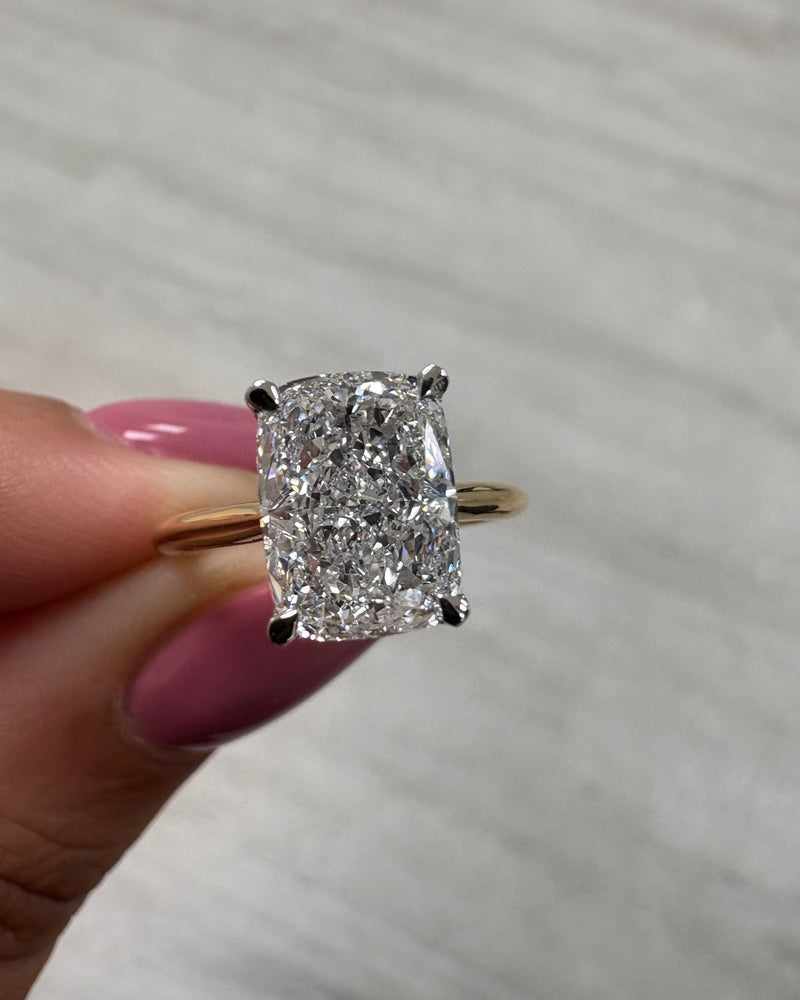3ct Elongated Cushion Cathedral Solitaire Diamond Engagement Rings.