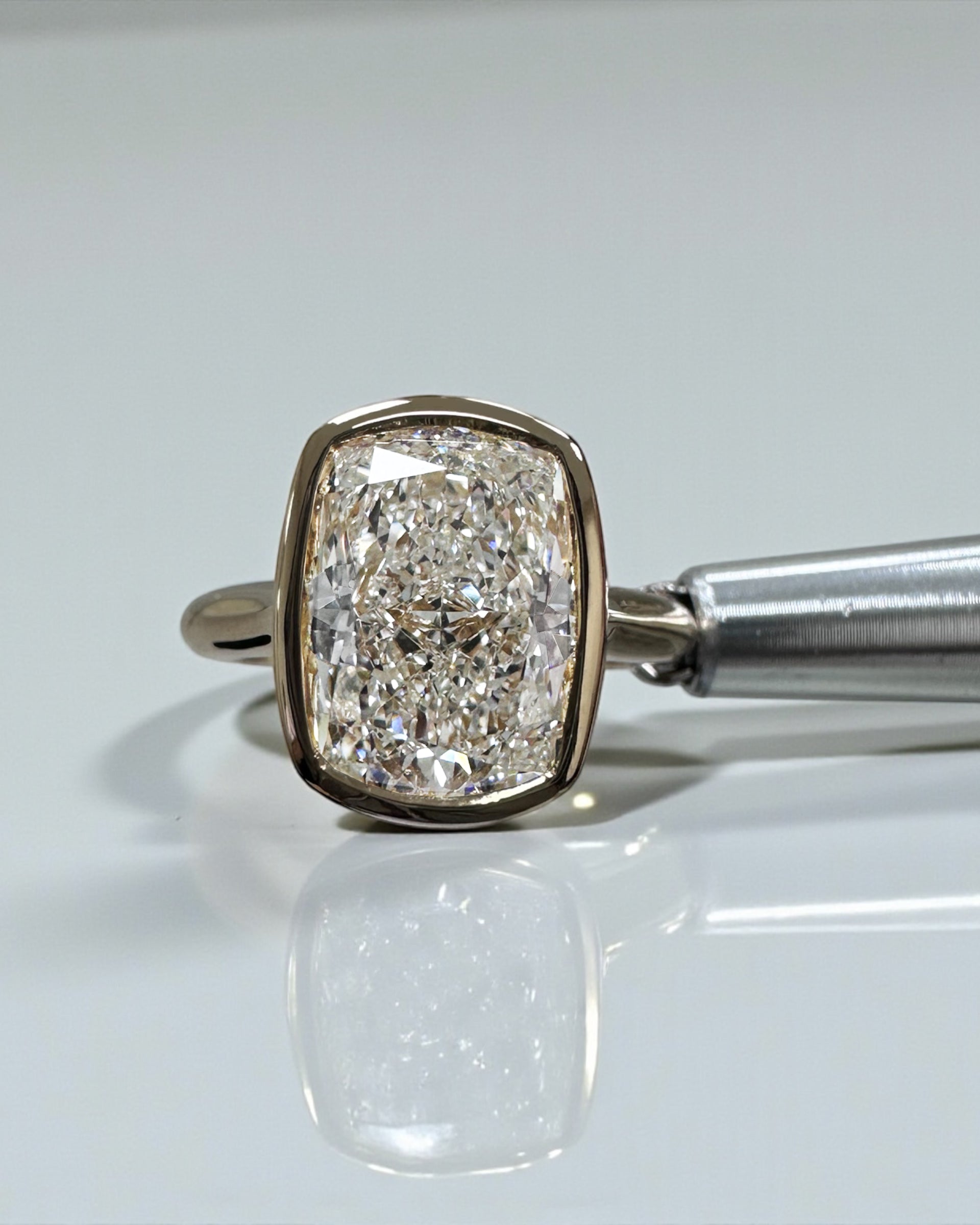 3ct elongated cushion cute lab grown diamond bezel setting plain band solitaire engagement ring, 18kt yellow gold