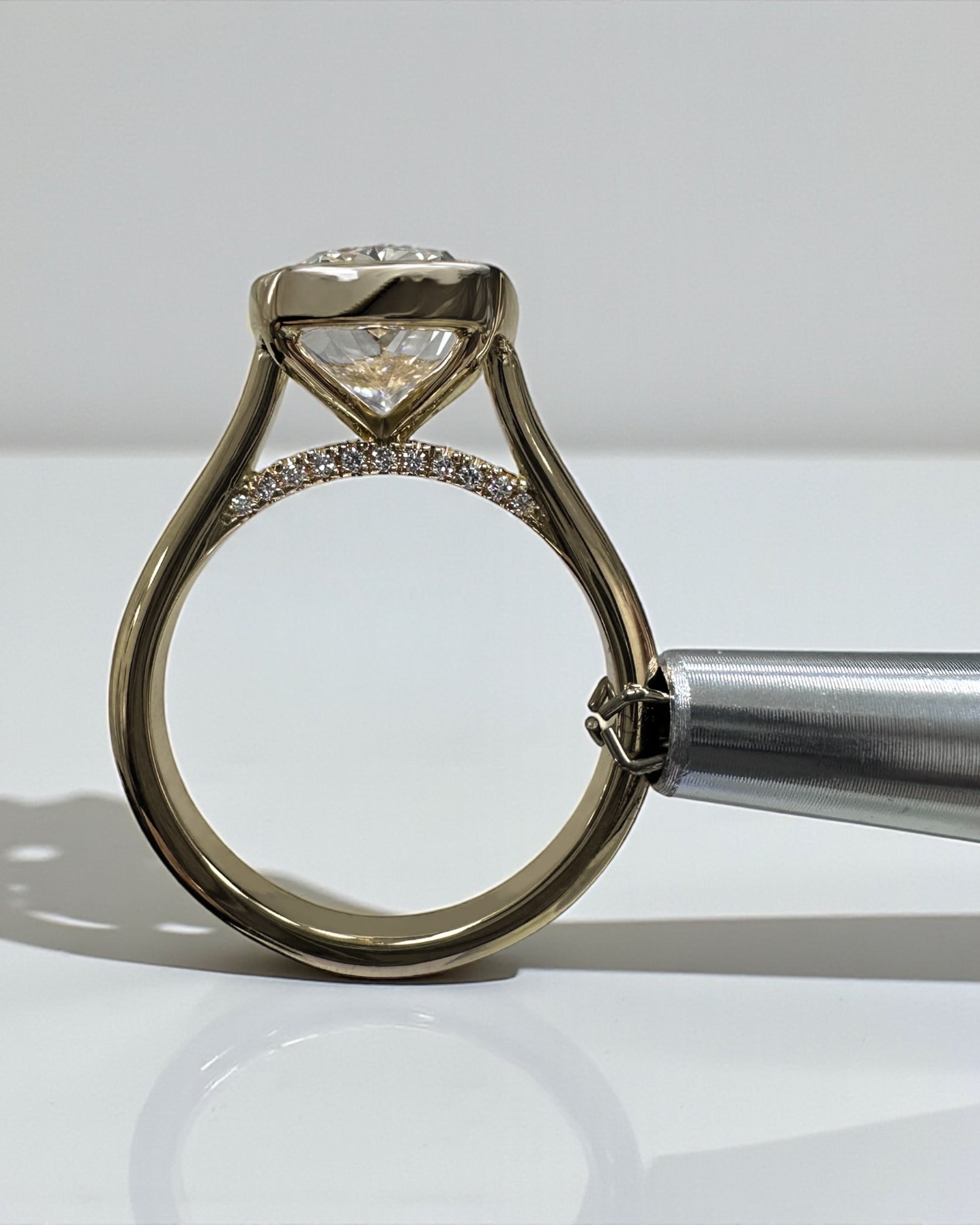 3ct elongated cushion cute lab grown diamond bezel setting plain band solitaire engagement ring, 18kt yellow gold