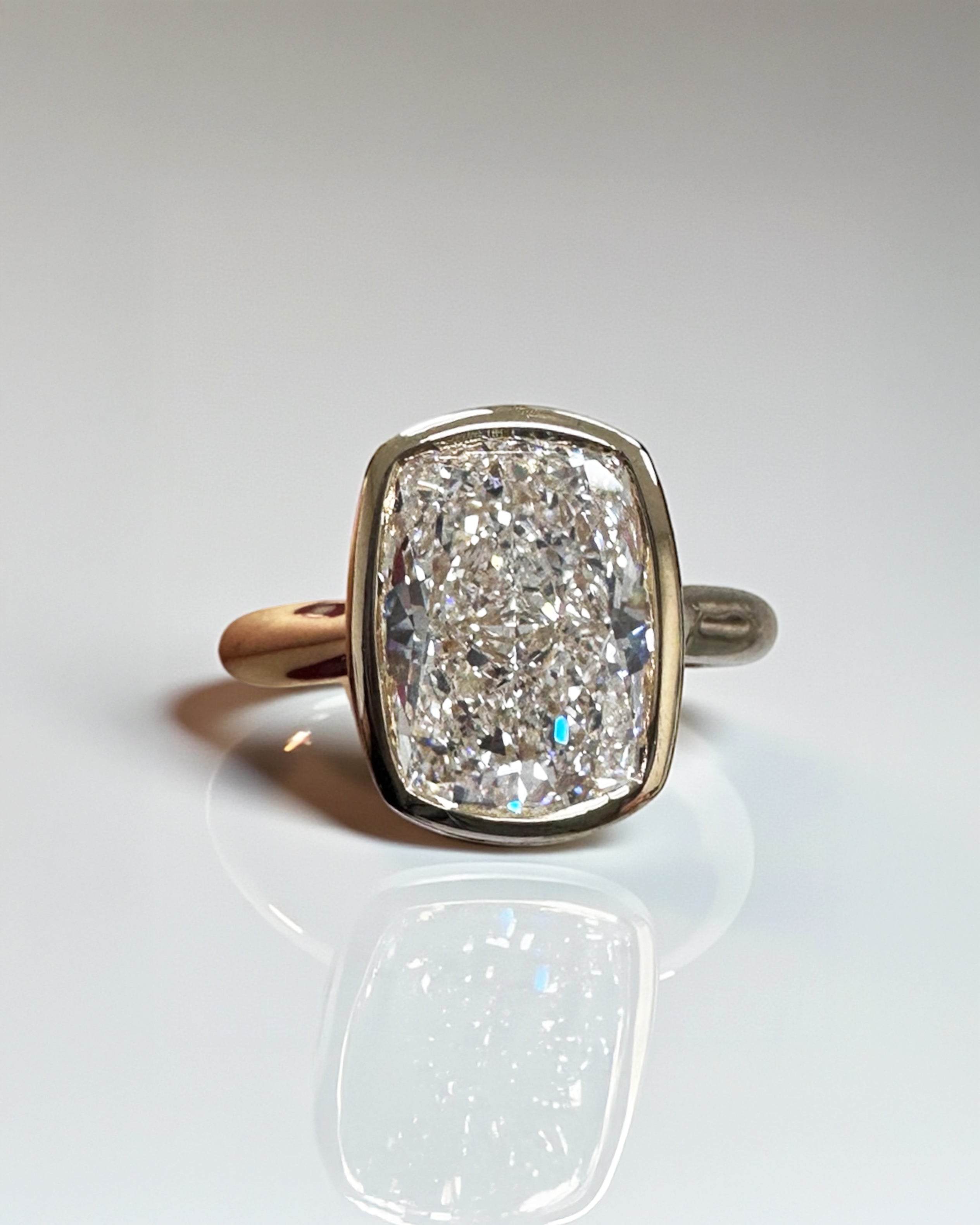 3ct elongated cushion cute lab grown diamond bezel setting plain band solitaire engagement ring, 18kt yellow gold