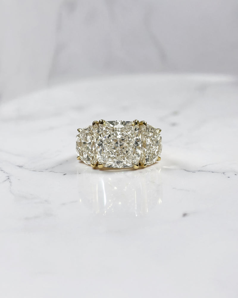 3ct cushion cut diamond trilogy engagement ring with half moon side stones, 4.50ct total, yellow gold, wide finger coverage
