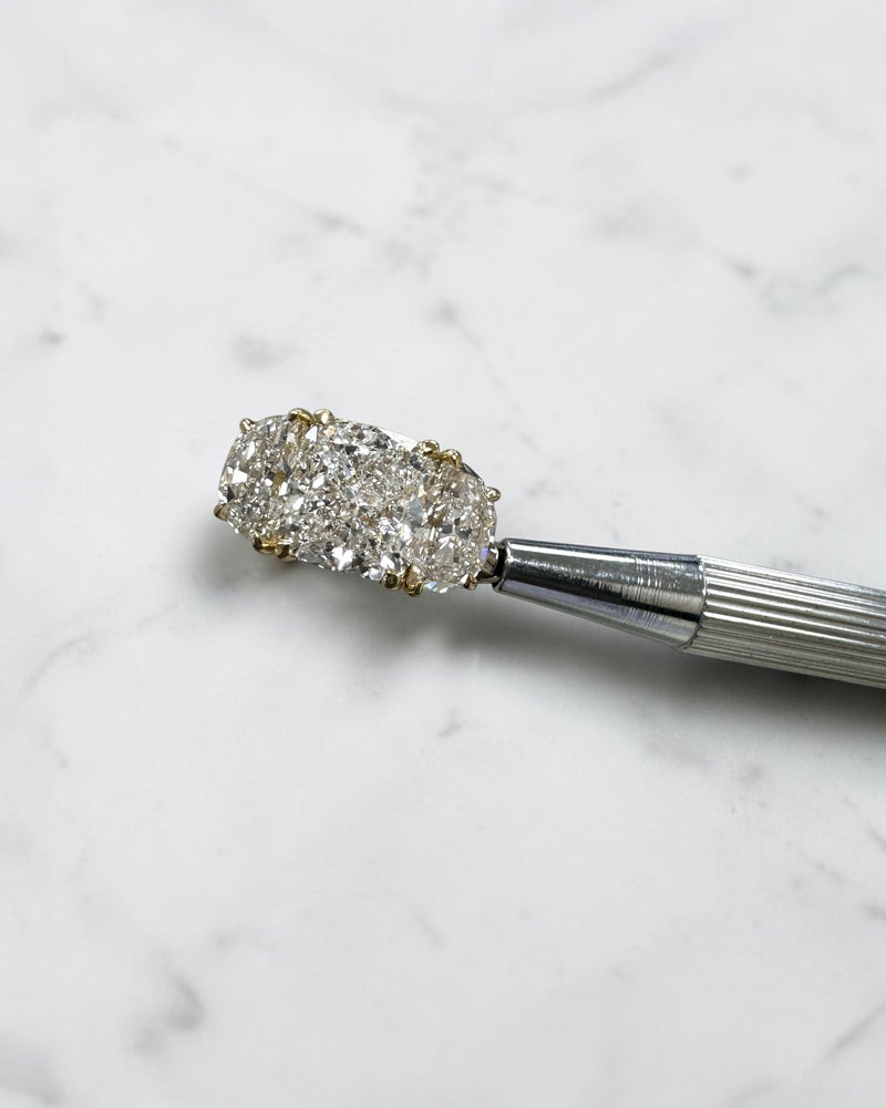 3ct cushion cut diamond trilogy engagement ring with half moon side stones, 4.50ct total, yellow gold, wide finger coverage
