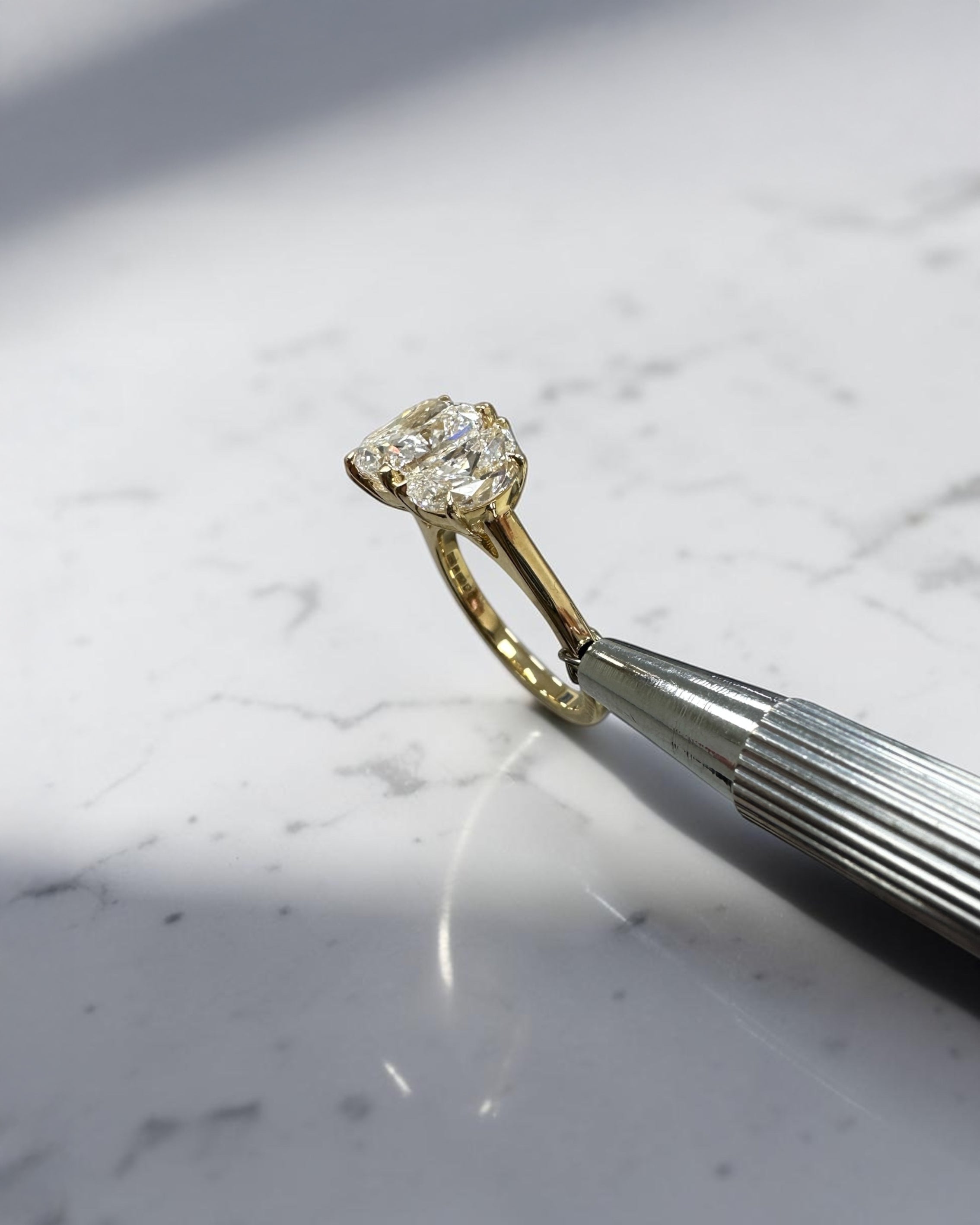 3ct cushion cut diamond trilogy engagement ring with half moon side stones, 4.50ct total, yellow gold, wide finger coverage
