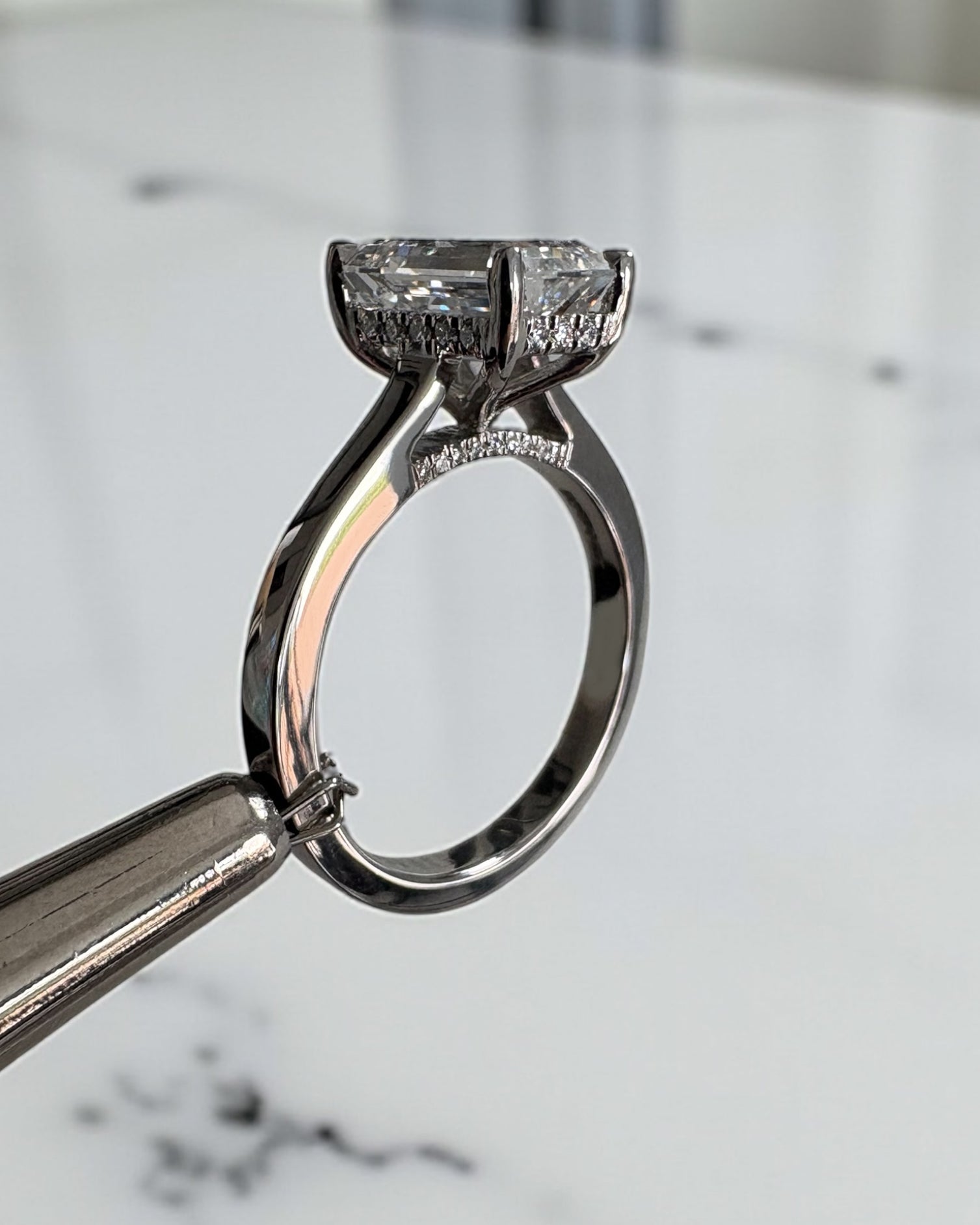 3ct lab grown diamond Emerald Cut Cathedral Solitaire Engagement Ring with Hidden Halo & Diamond Bridge