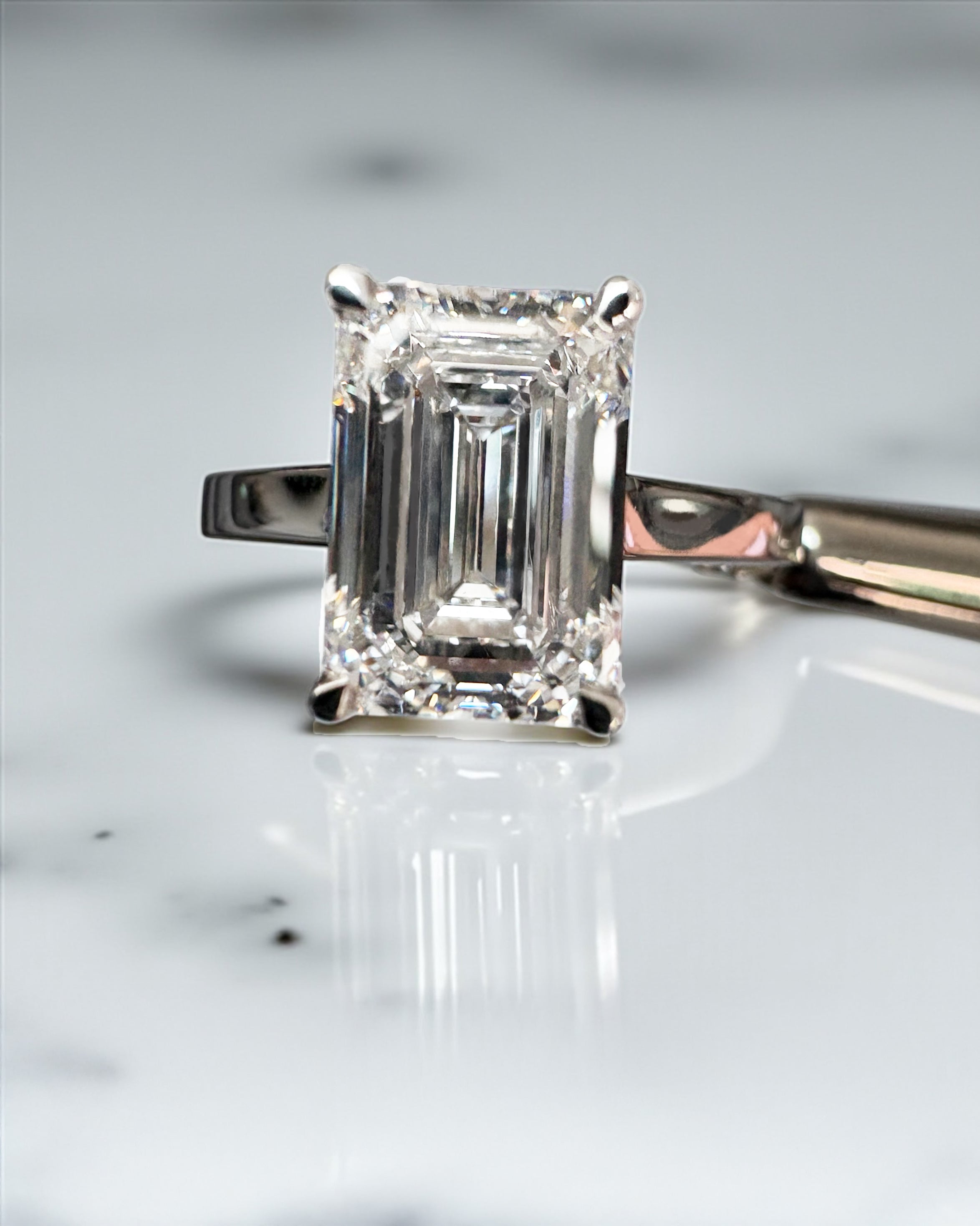 3ct lab grown diamond Emerald Cut Cathedral Solitaire Engagement Ring with Hidden Halo & Diamond Bridge