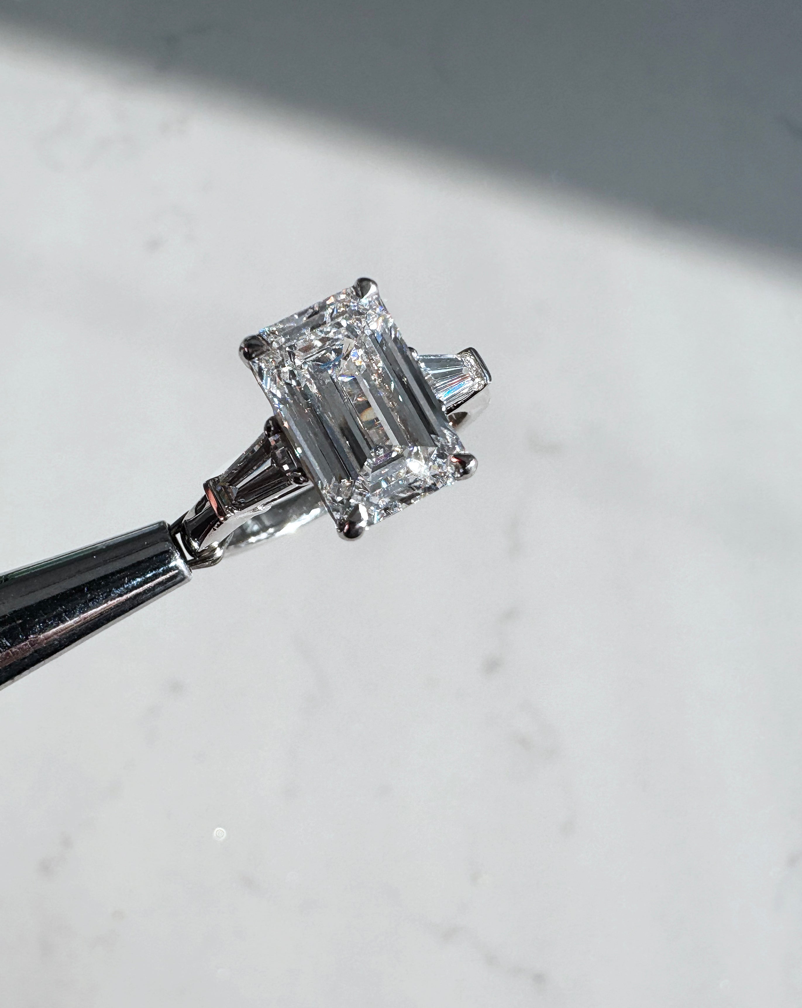 Lab grown diamond 3ct Emerald Cut & Tapered Baguettes Trilogy Engagement Ring