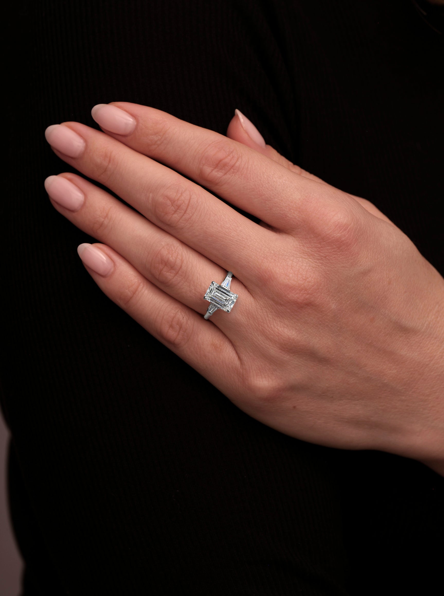 Lab grown diamond 3ct Emerald Cut & Tapered Baguettes Trilogy Engagement Ring on hand