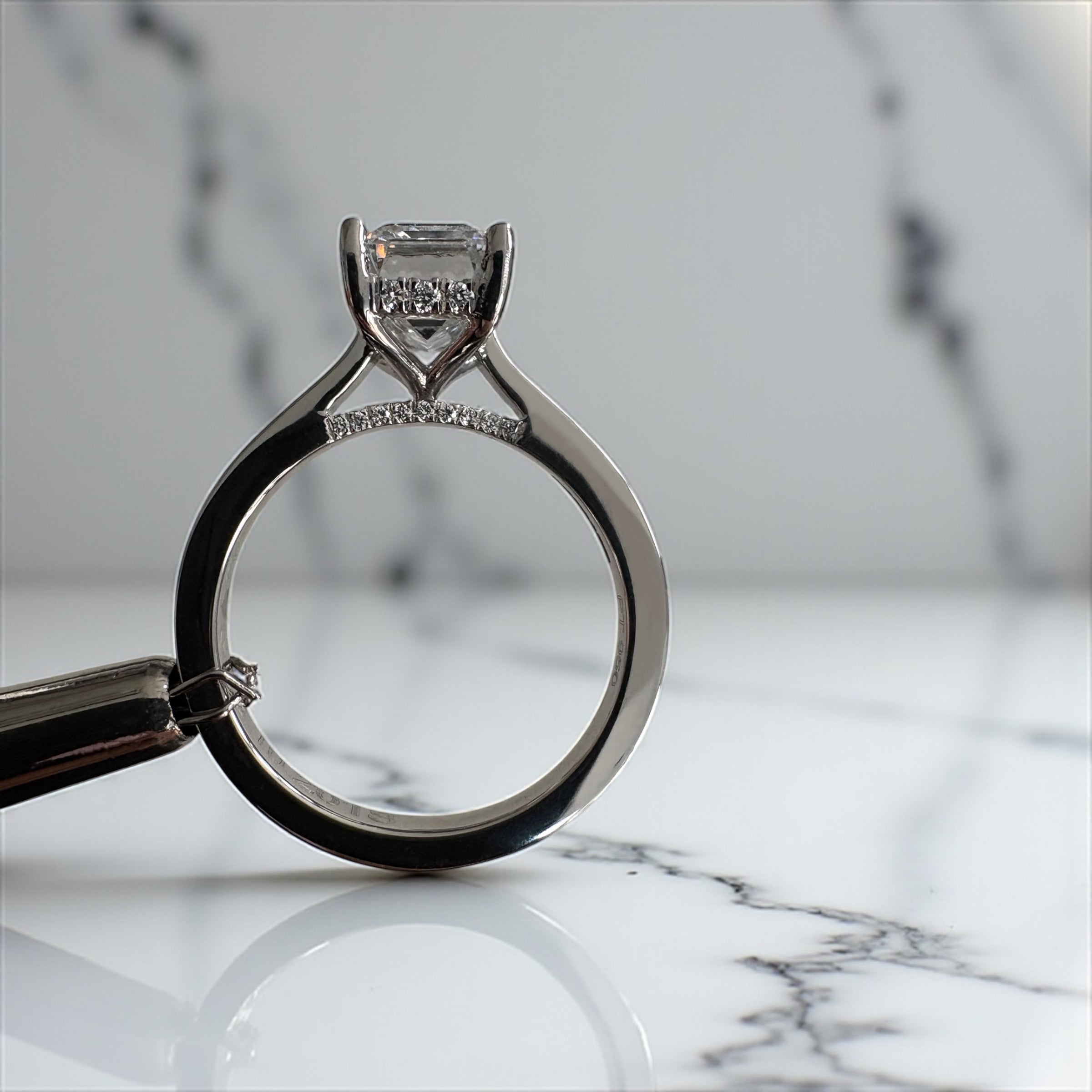 3ct lab grown diamond Emerald Cut Cathedral Solitaire Engagement Ring with Hidden Halo & Diamond Bridge