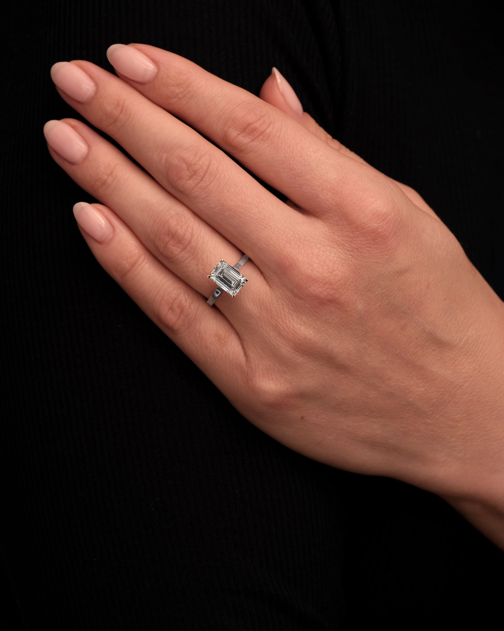 3ct lab grown diamond Emerald Cut Cathedral Solitaire Engagement Ring with Hidden Halo & Diamond Bridge on hand