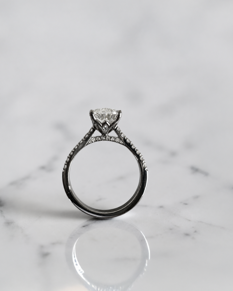3ct oval cut lab grown diamond engagement platinum ring with lotus head setting, cathedral pavé diamond band and hidden diamond bridge, luxury solitaire ring  handcrafted in London