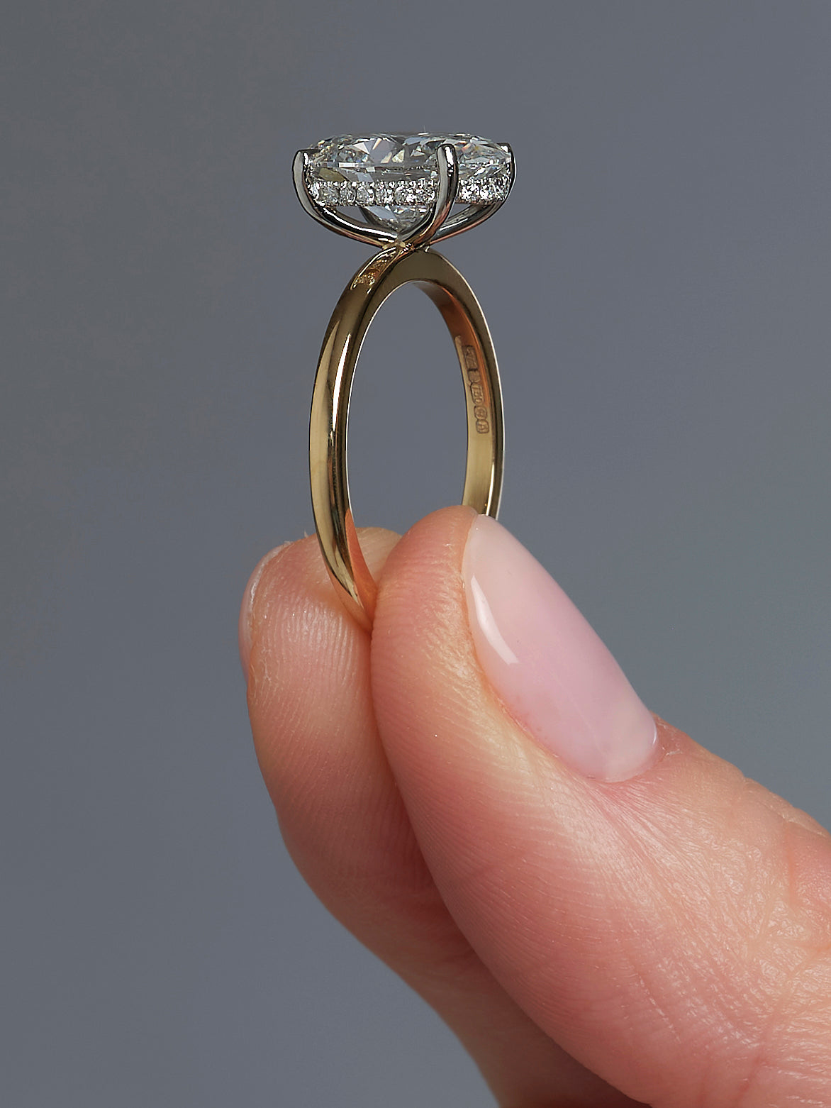 3ct Oval Diamond Hidden Halo Plain Band Lab Grown Diamond Engagement Rings