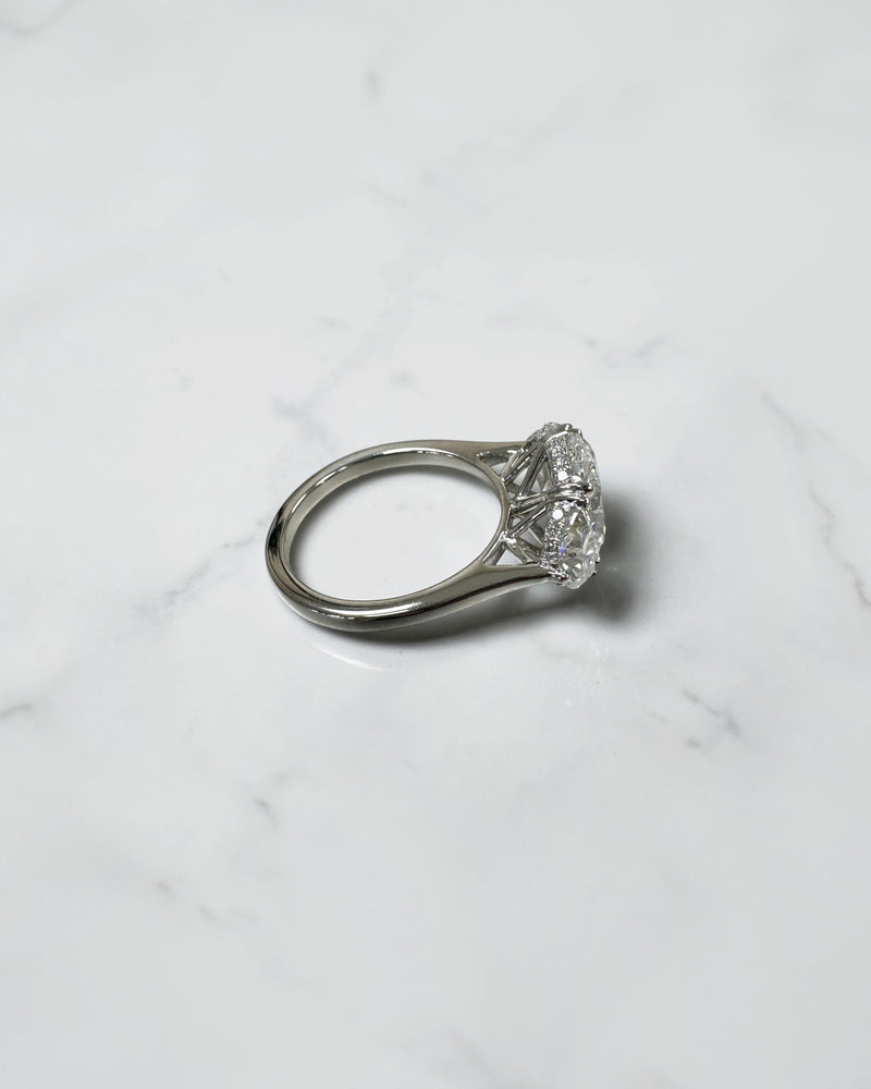 3ct oval cut lab grown diamond engagement ring with half moon side stones and hidden halo, total 4.40ct, polished platinum, handcrafted in London