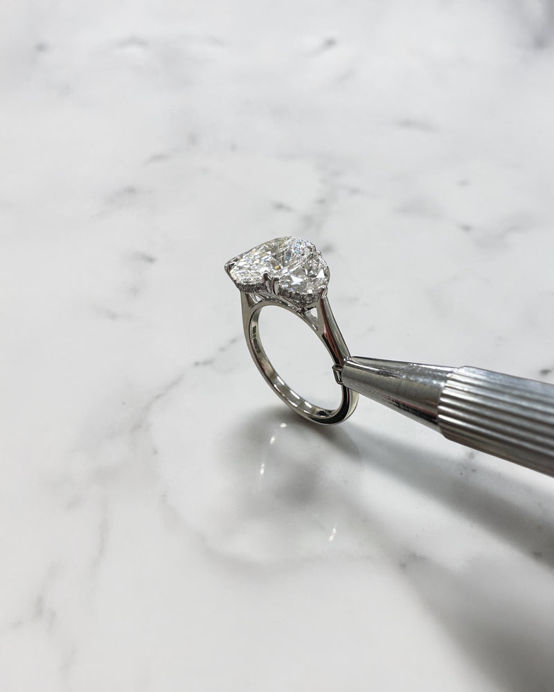 3ct oval cut lab grown diamond engagement ring with half moon side stones and hidden halo, total 4.40ct, polished platinum, handcrafted in London