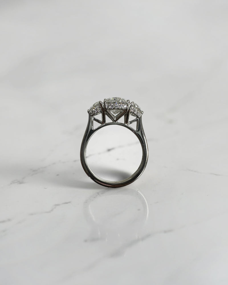 3ct oval cut lab grown diamond engagement ring with half moon side stones and hidden halo, total 4.40ct, polished platinum, handcrafted in London