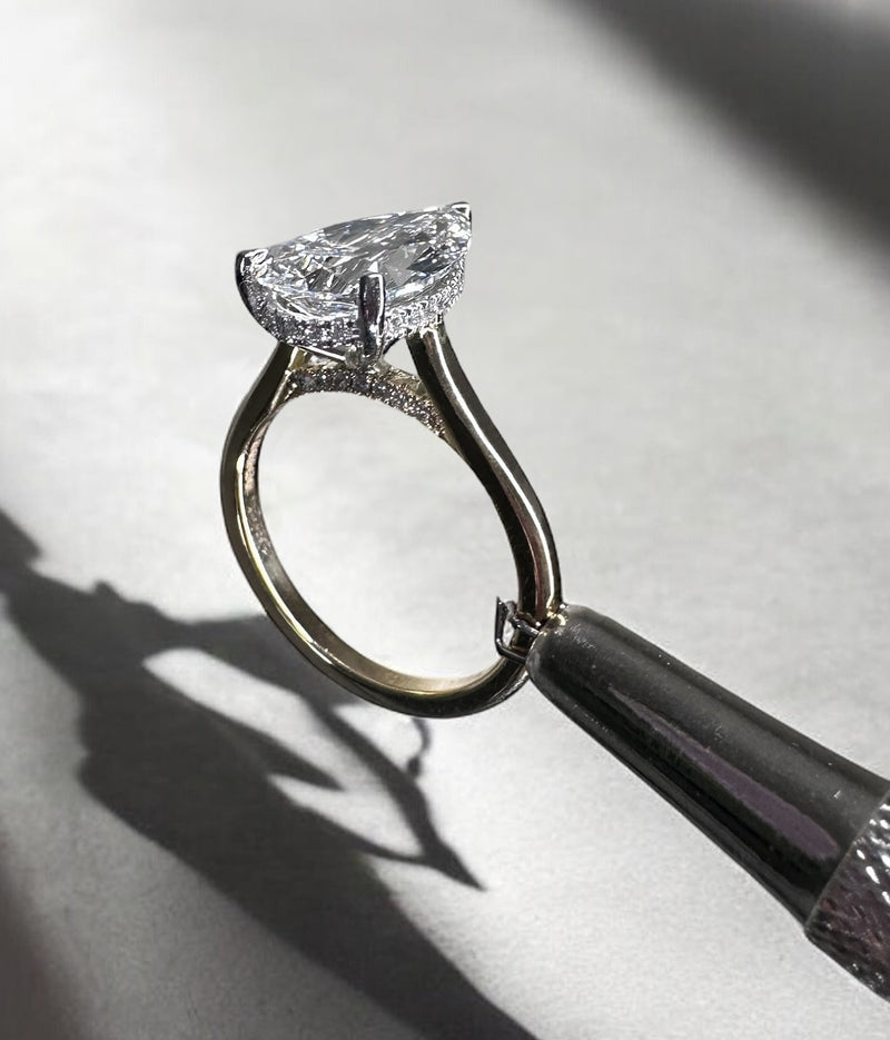 3ct Pear Cathedral Plain Solitaire Lab Grown Diamond Engagement Rings.