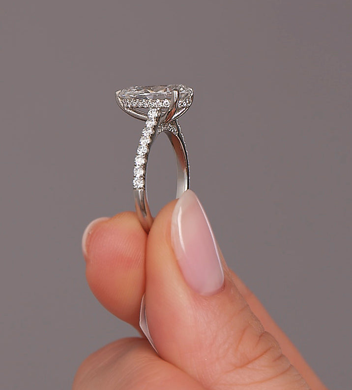3ct Pear Cathedral Hidden Halo Lab Grown Diamond Engagement Rings.