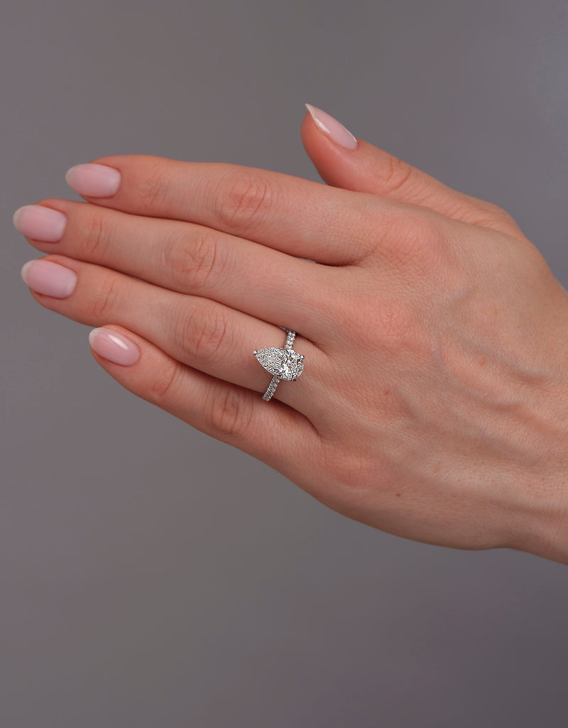 3ct Pear Cathedral Hidden Halo Lab Grown Diamond Engagement Rings.