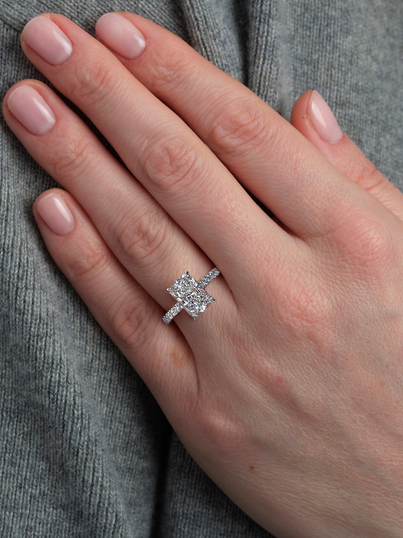 3ct Radiant Cathedral Setting lab grown Diamond Engagement Rings.